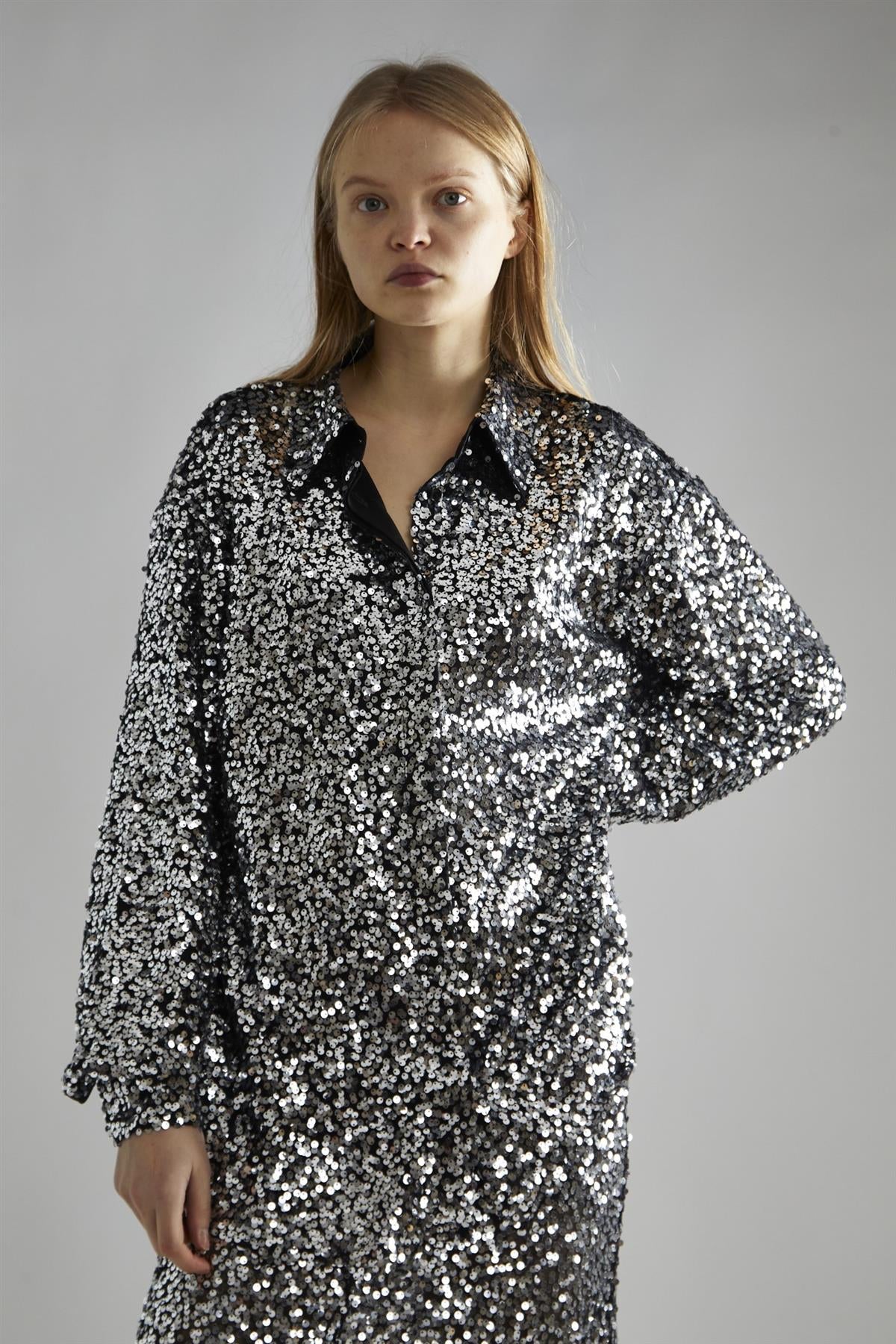 Black-Silver Sequin Loose-Fit Shirt - Image 3