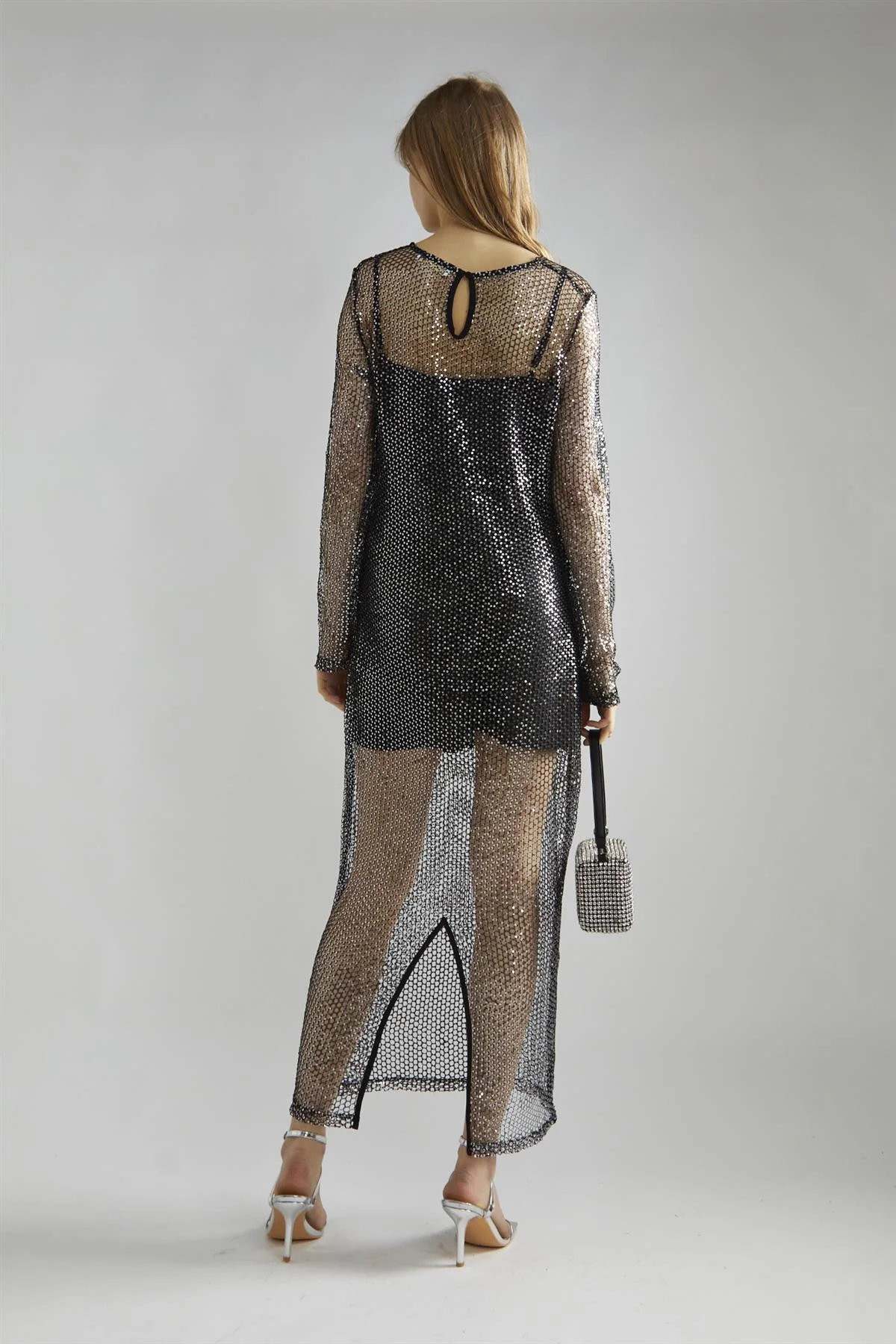Black-Silver Sequin-Net Midi-Dress - Image 2