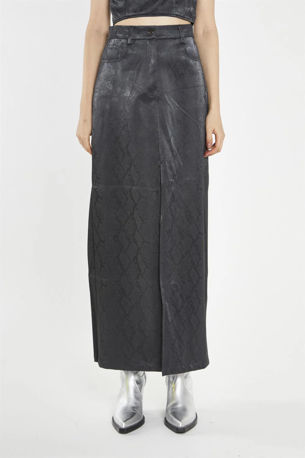 Black-Snake PU Centre-Split Midi-Skirt - Image 3