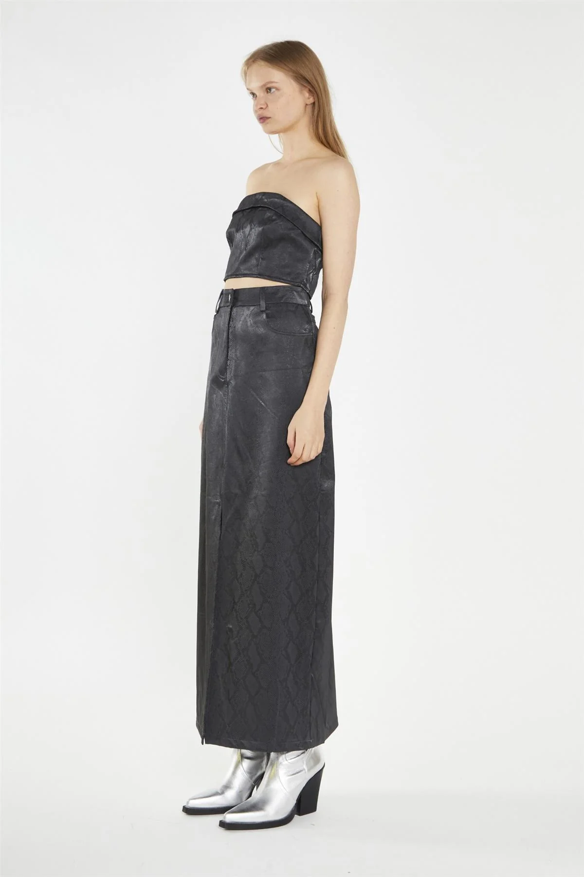 Black-Snake PU Centre-Split Midi-Skirt - Image 4