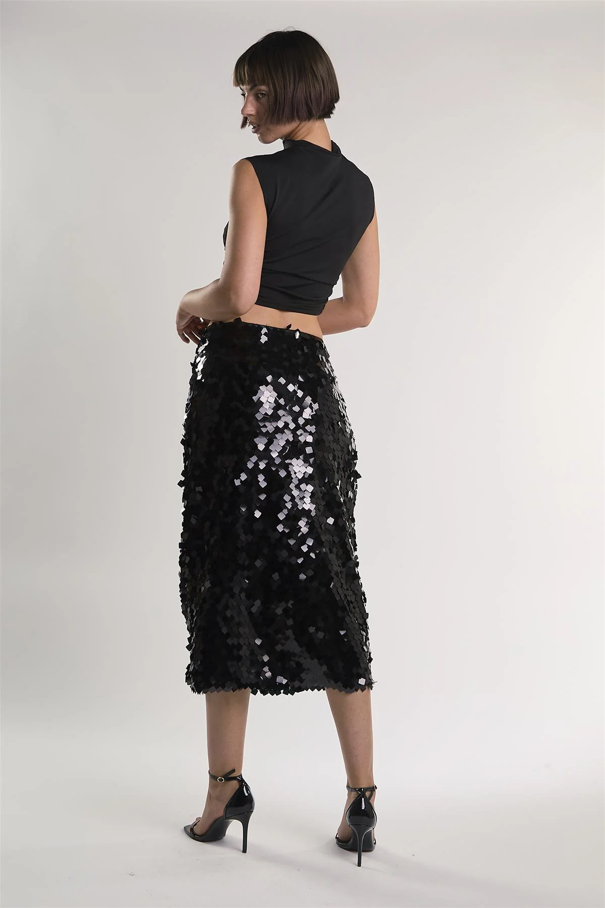 Black-Square-Sequin High-Waisted Midi-Skirt - Image 2