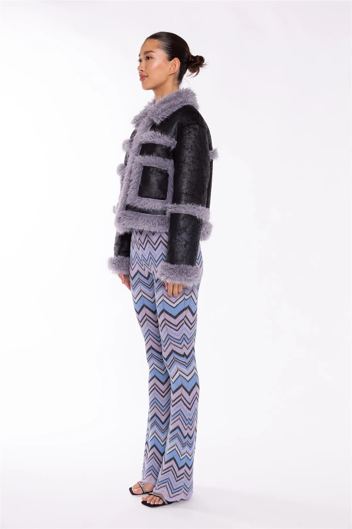 Black Steel-Grey Shearling Trim Cropped-Jacket - Image 4