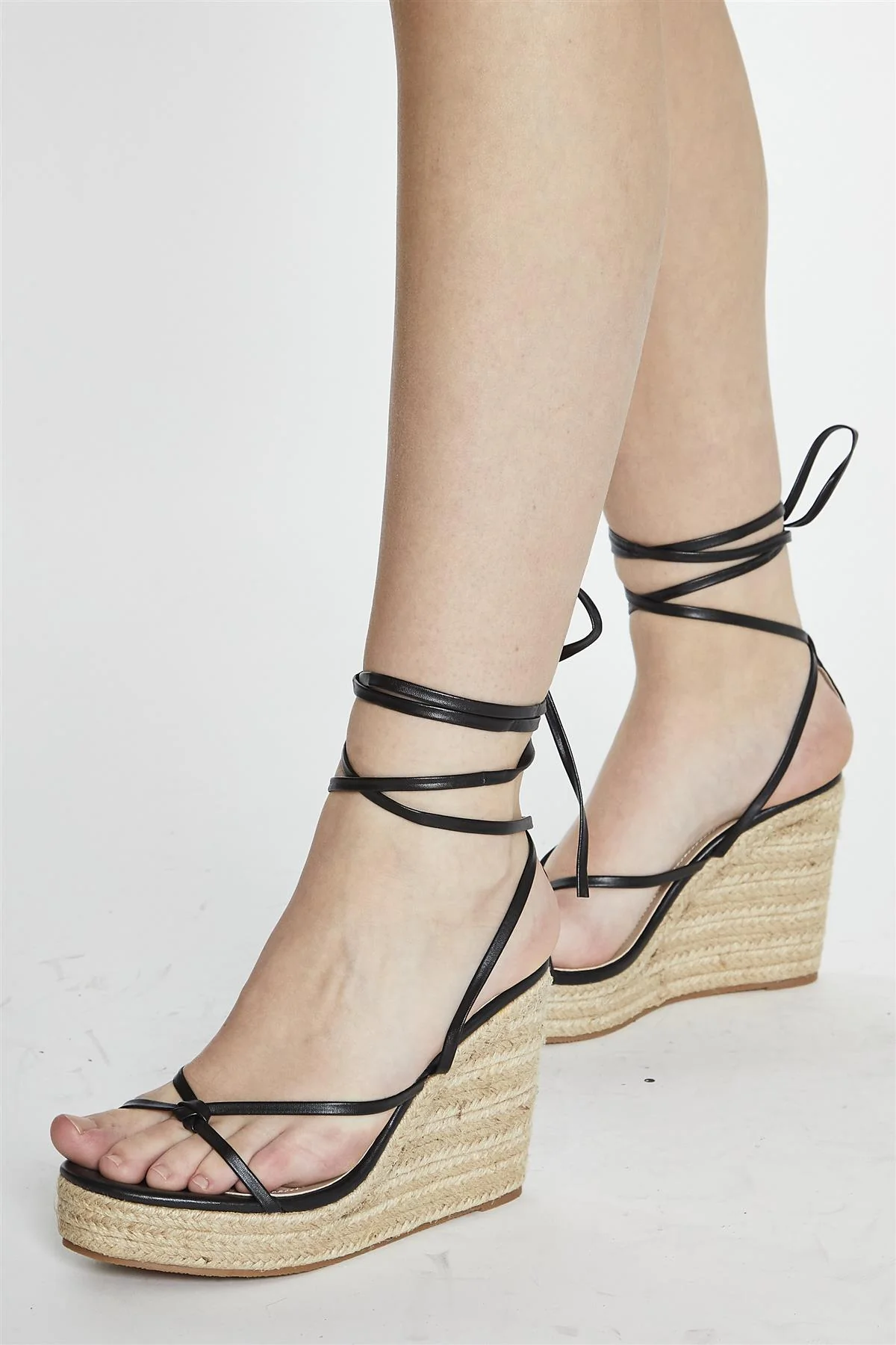 Black Thin Lace Up Heeled Wedges - Image 3