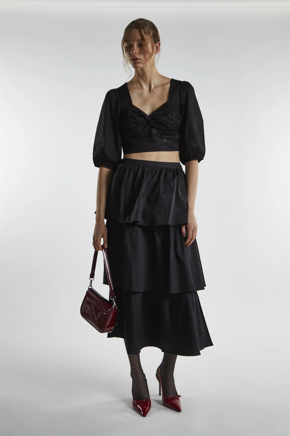 Black Tiered Midi Skirt