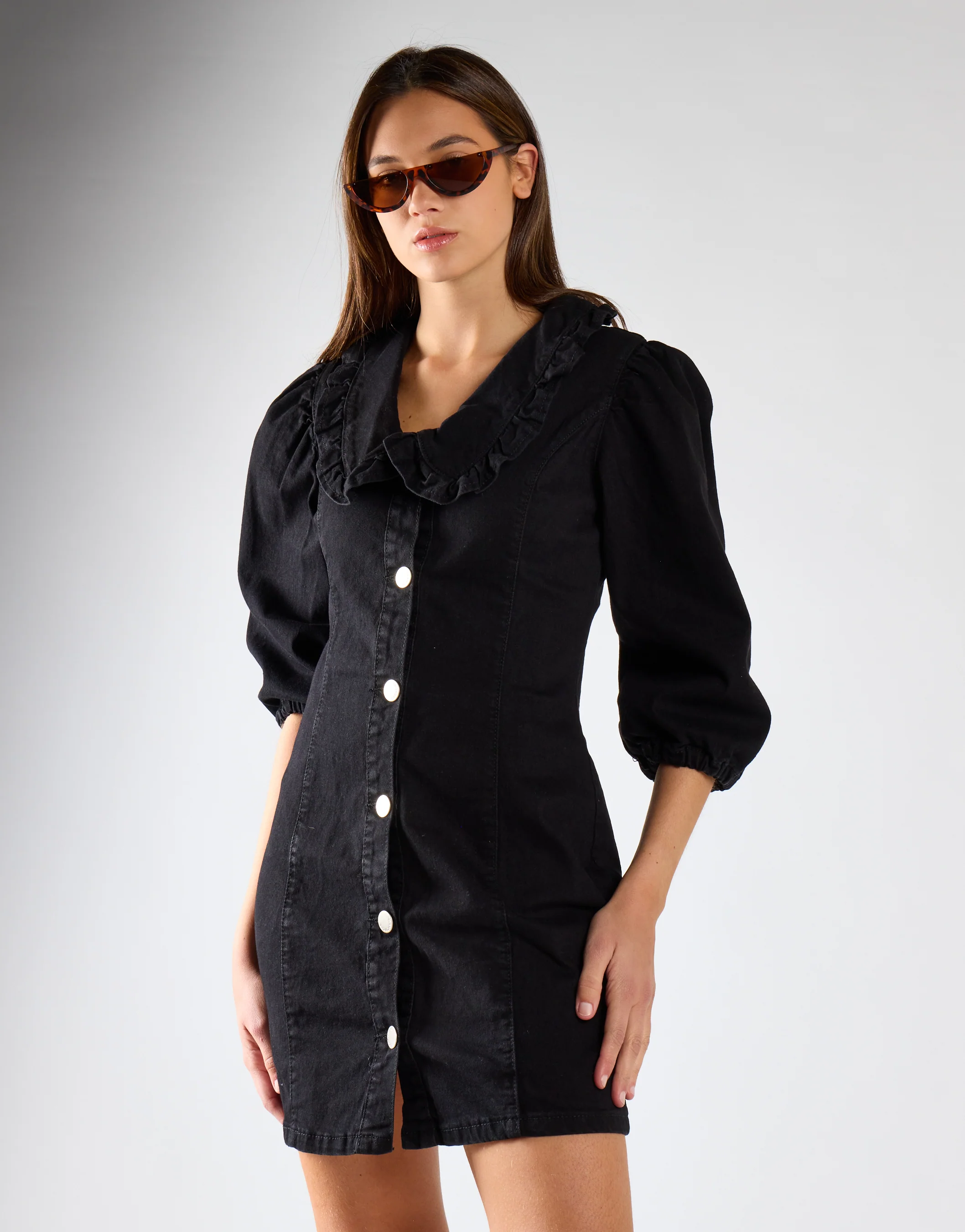 Black V-Neck Button Front Mini Dress