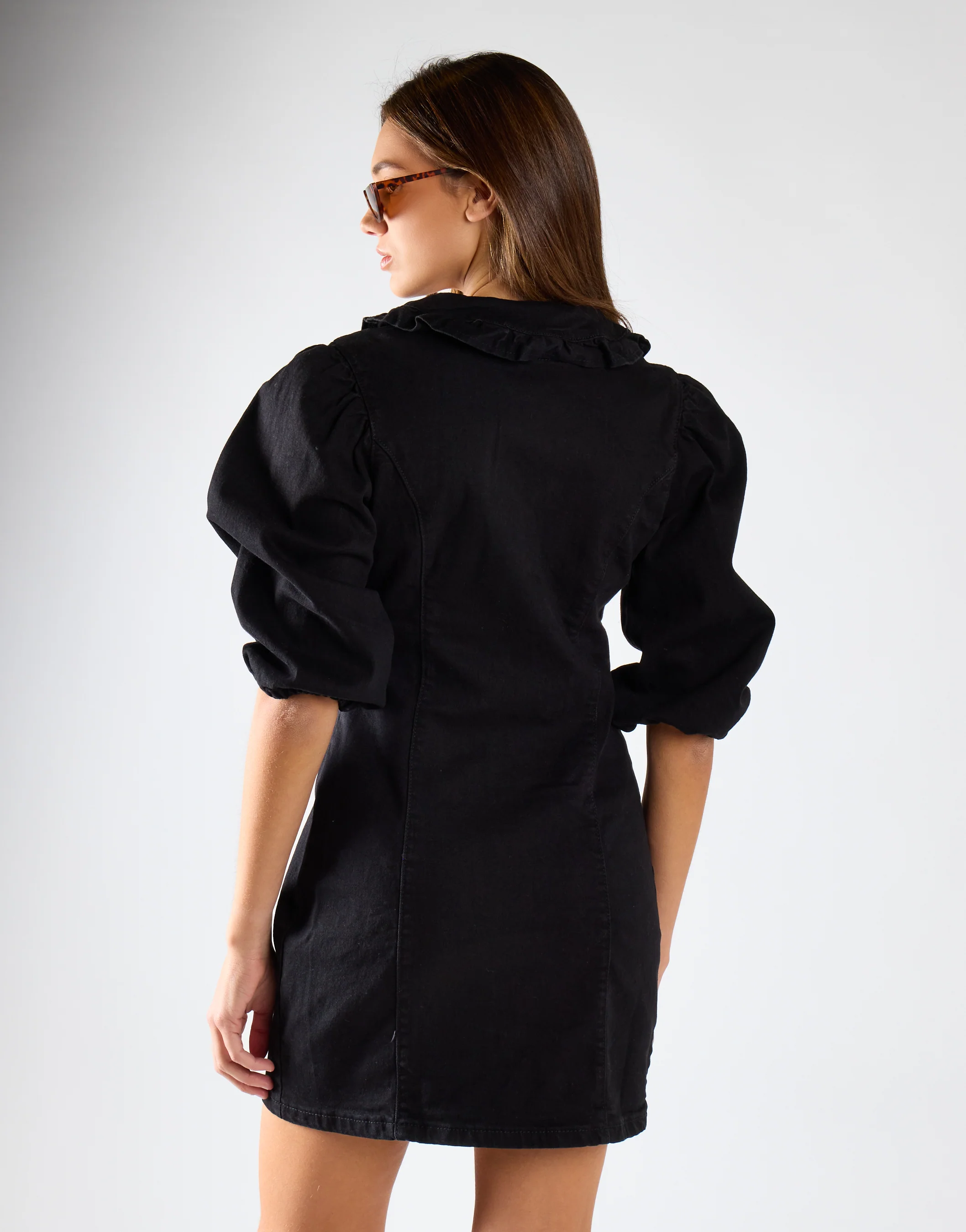 Black V-Neck Button Front Mini Dress - Image 2