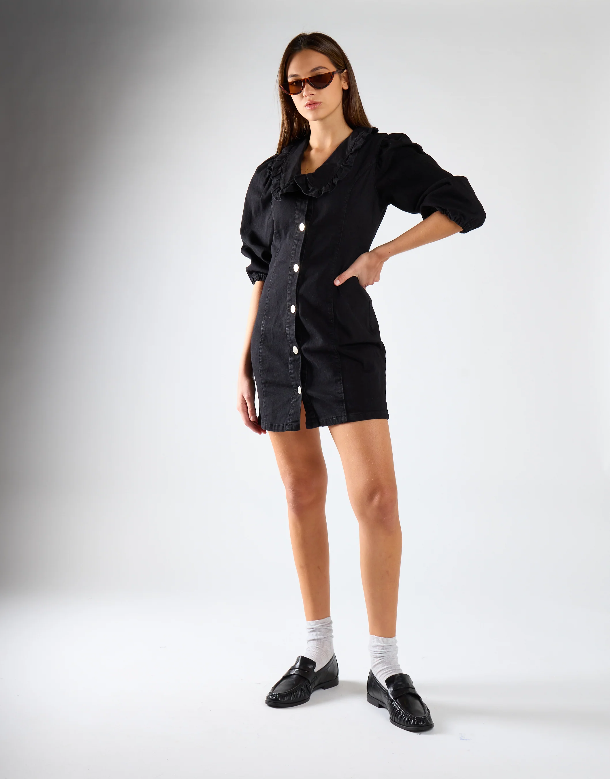 Black V-Neck Button Front Mini Dress - Image 3