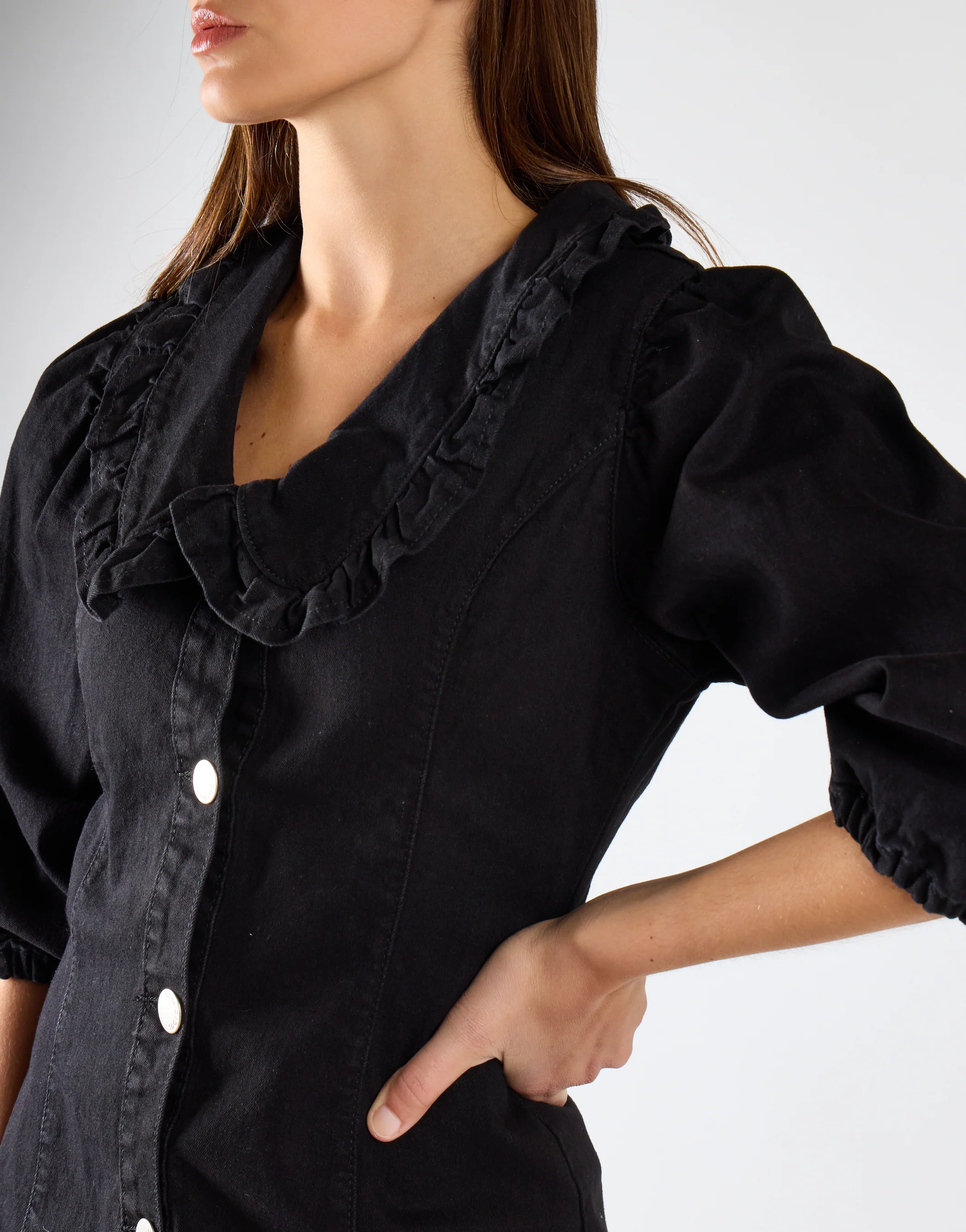 Black V-Neck Button Front Mini Dress - Image 4