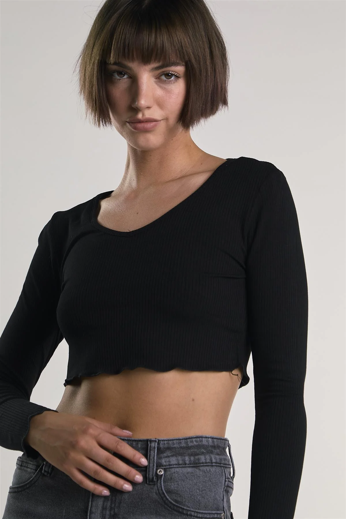 Black V-Neck-Lettuce-Trim Long Sleeve-Top - Image 3