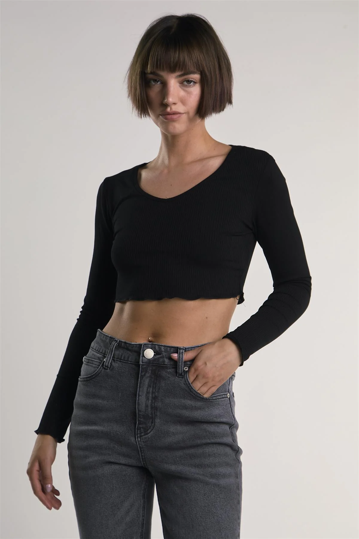 Black V-Neck-Lettuce-Trim Long Sleeve-Top - Image 4