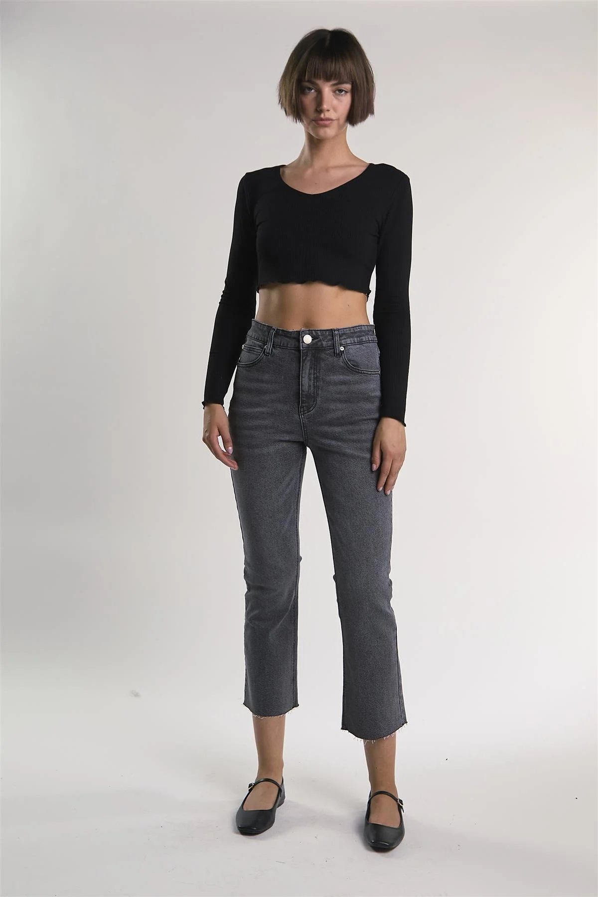 Black V-Neck-Lettuce-Trim Long Sleeve-Top - Image 5
