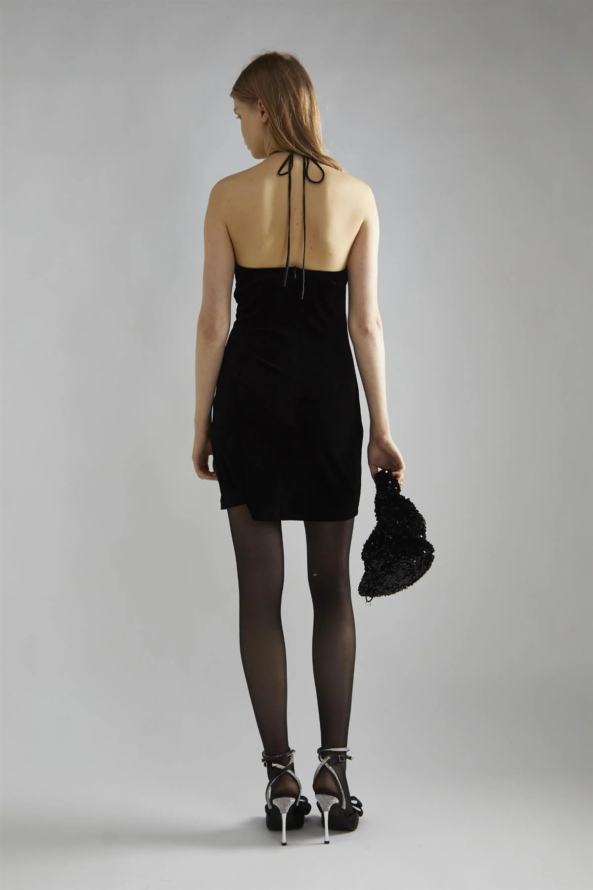 Black-Velvet Halter-Neck Rhinestone-Corsage Mini-Dress - Image 2