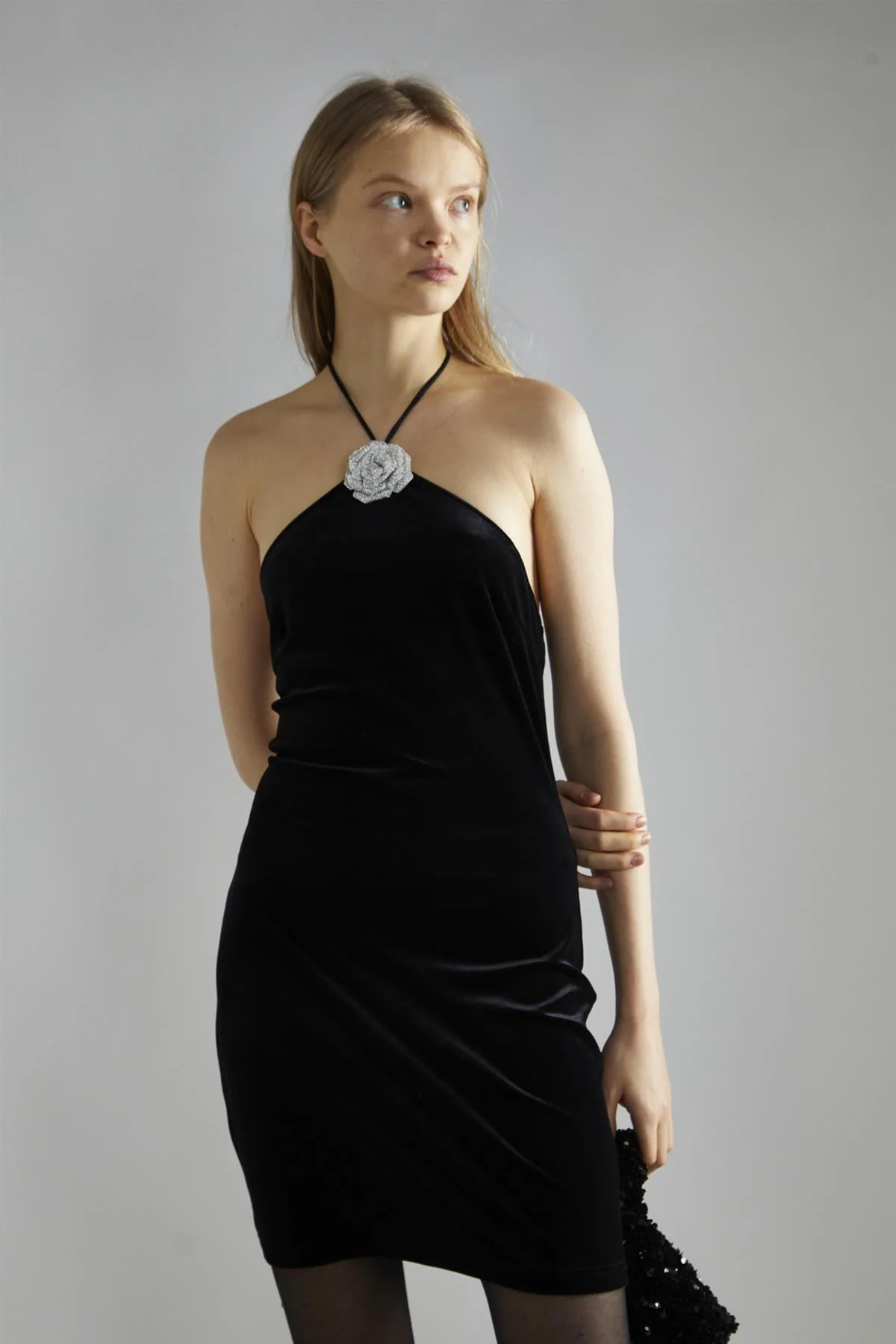 Black-Velvet Halter-Neck Rhinestone-Corsage Mini-Dress - Image 3