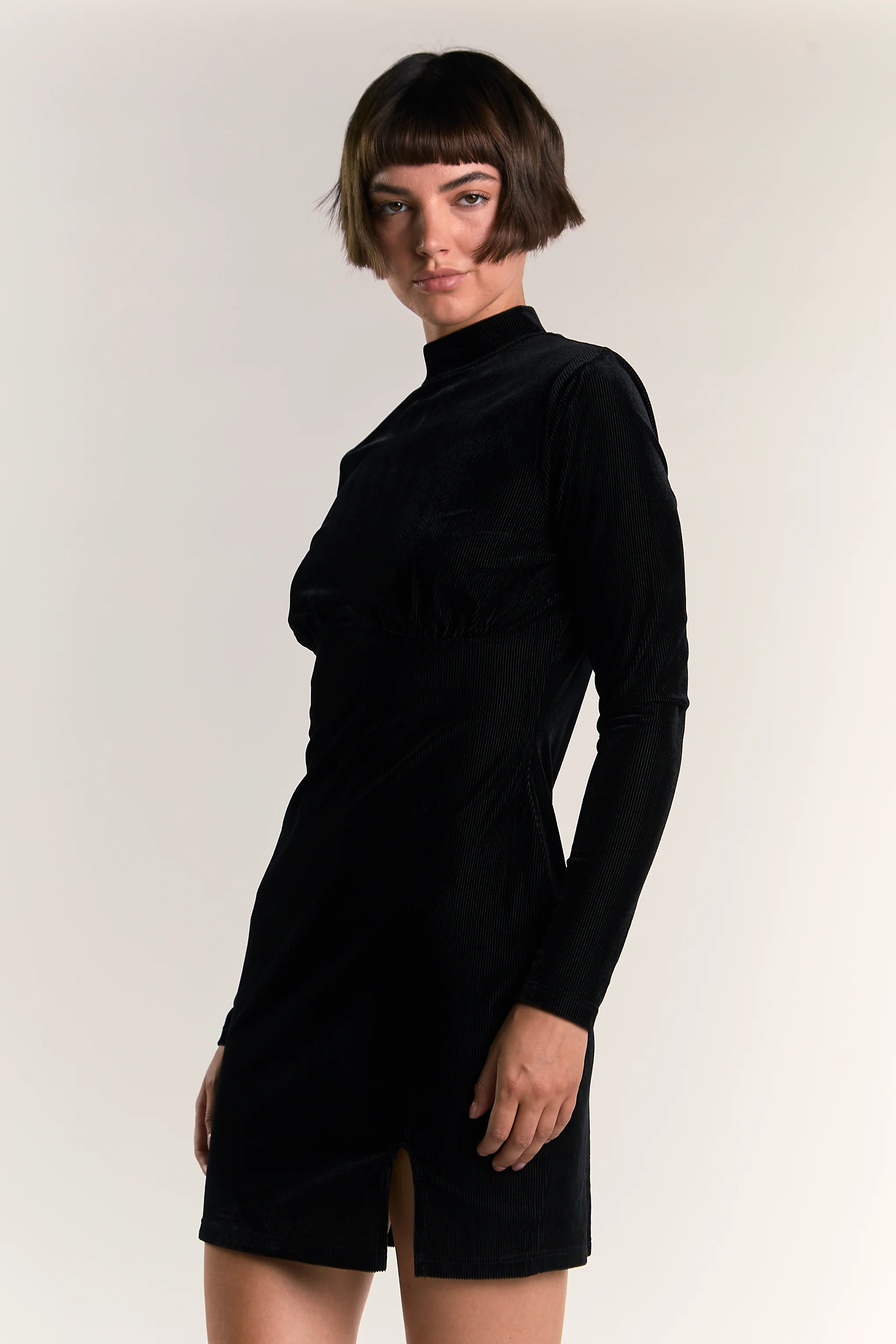Black Velvet-Rib High-Neck Mini-Dress - Image 3