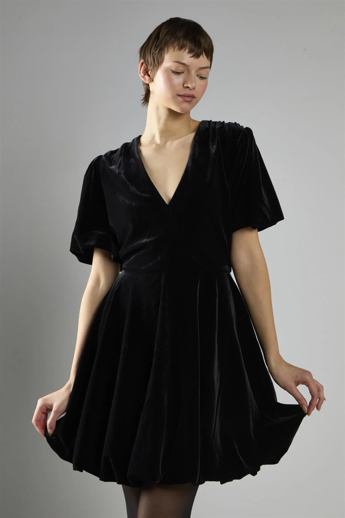 Black Velvet Short Sleeve Skater Mini Dress - Image 3