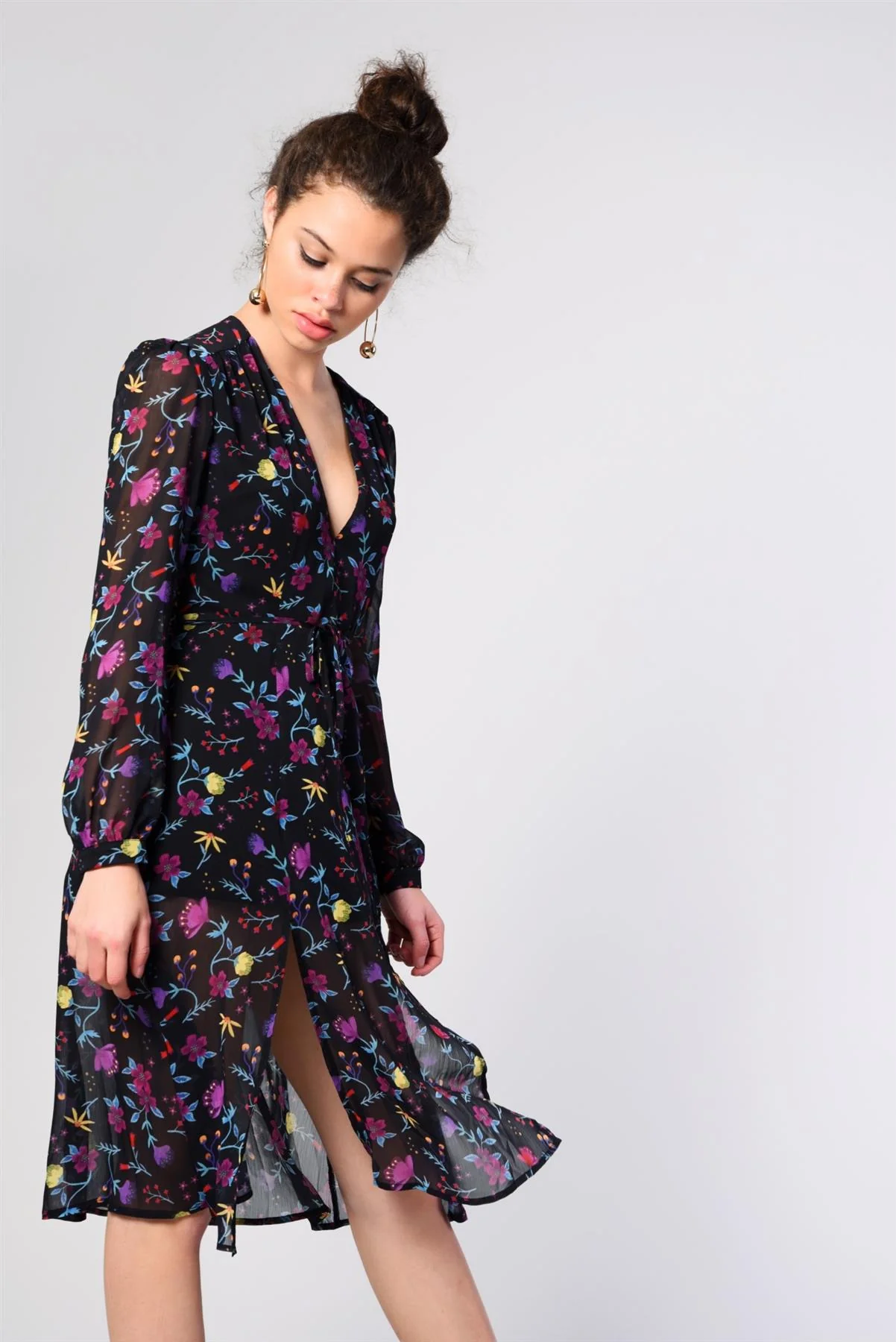 Black Watercolour-Floral Leg-Split Midi-Dress - Image 3