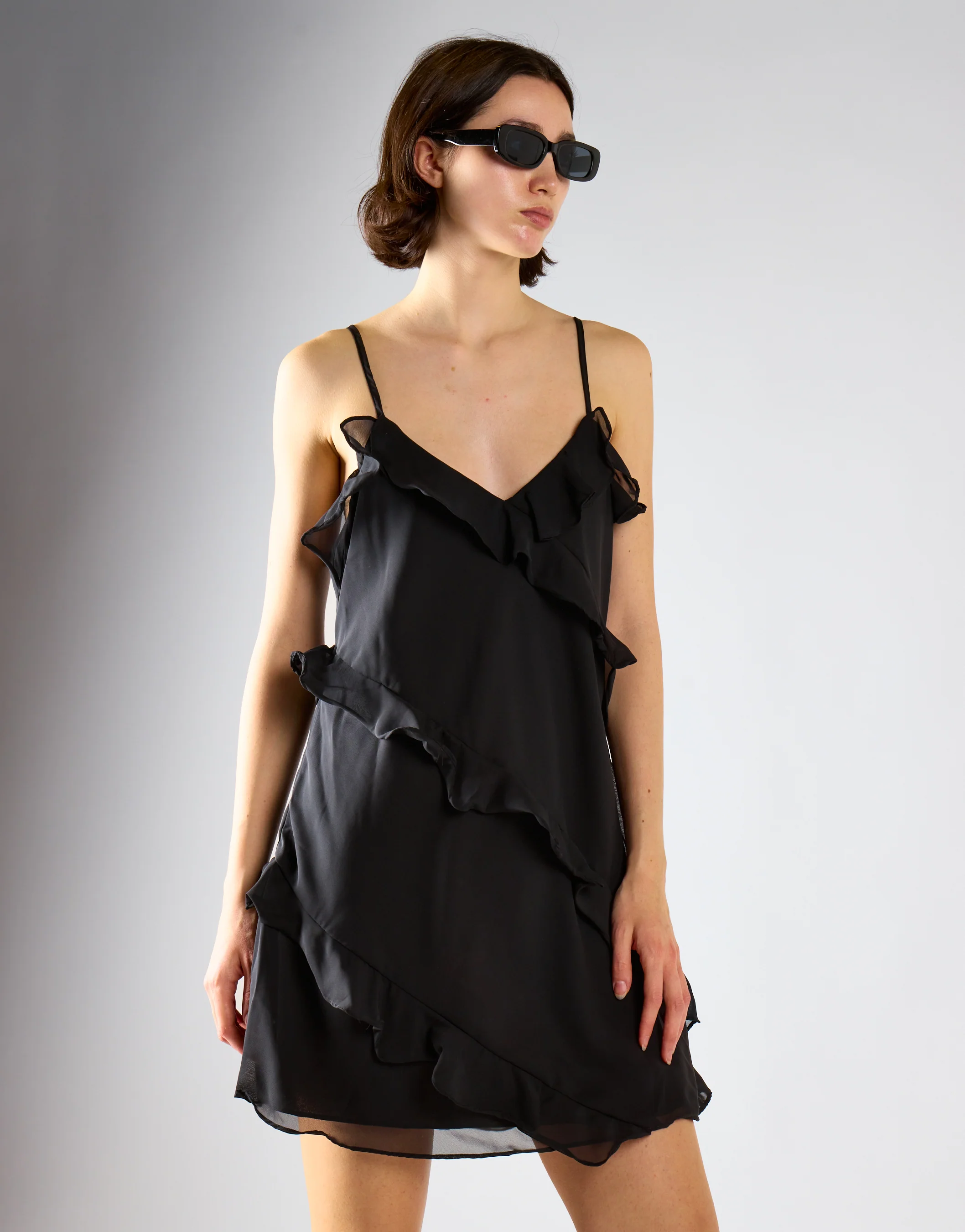 Black Waterfall Ruffle Mini-Dress - Image 3
