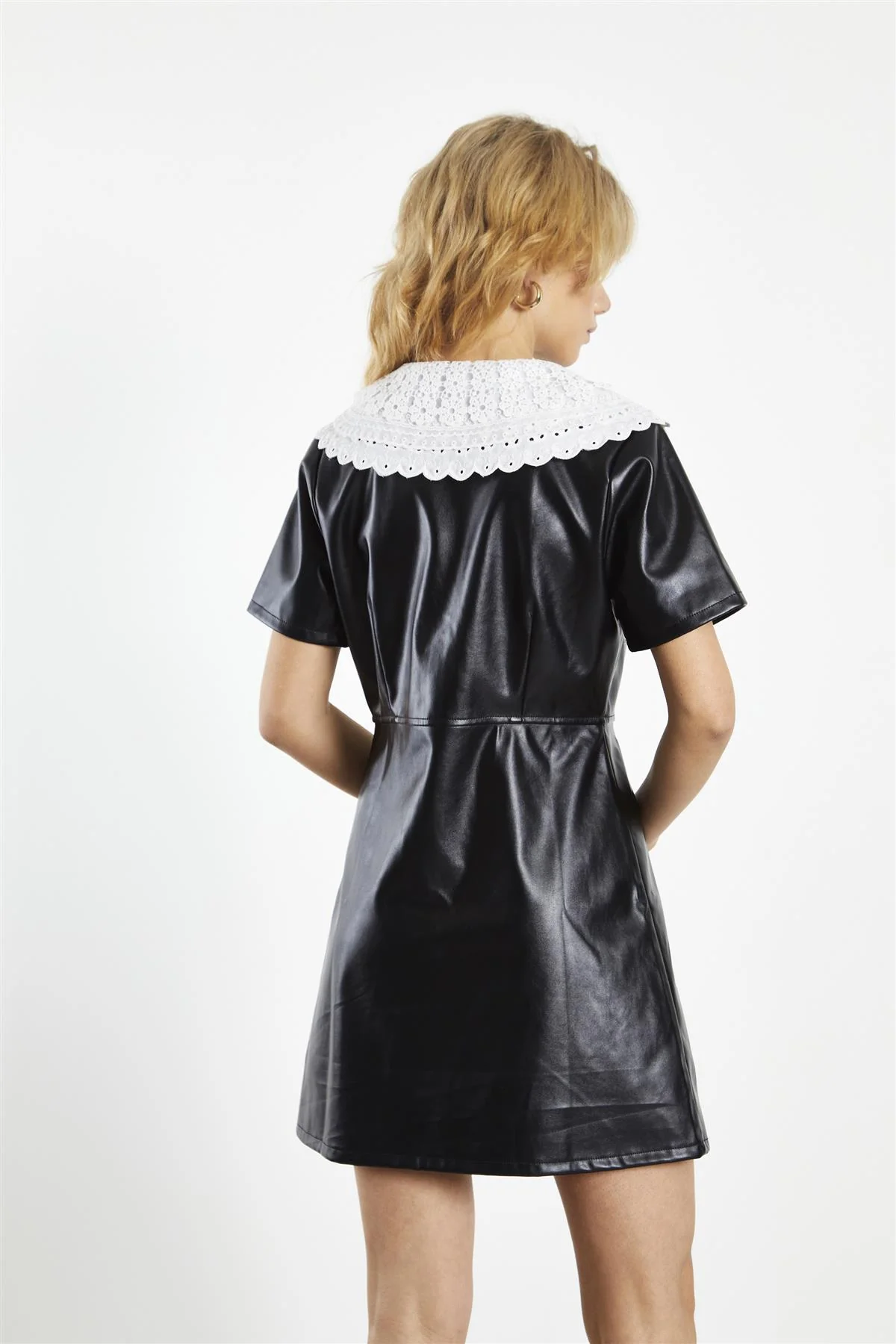 Black-White Collared A-Line Mini-Dress - Image 2