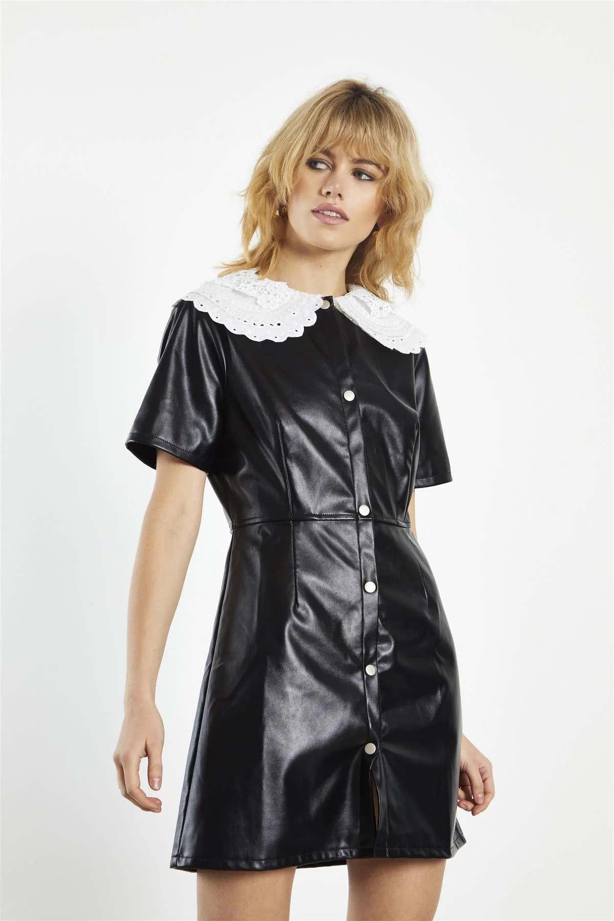 Black-White Collared A-Line Mini-Dress - Image 4