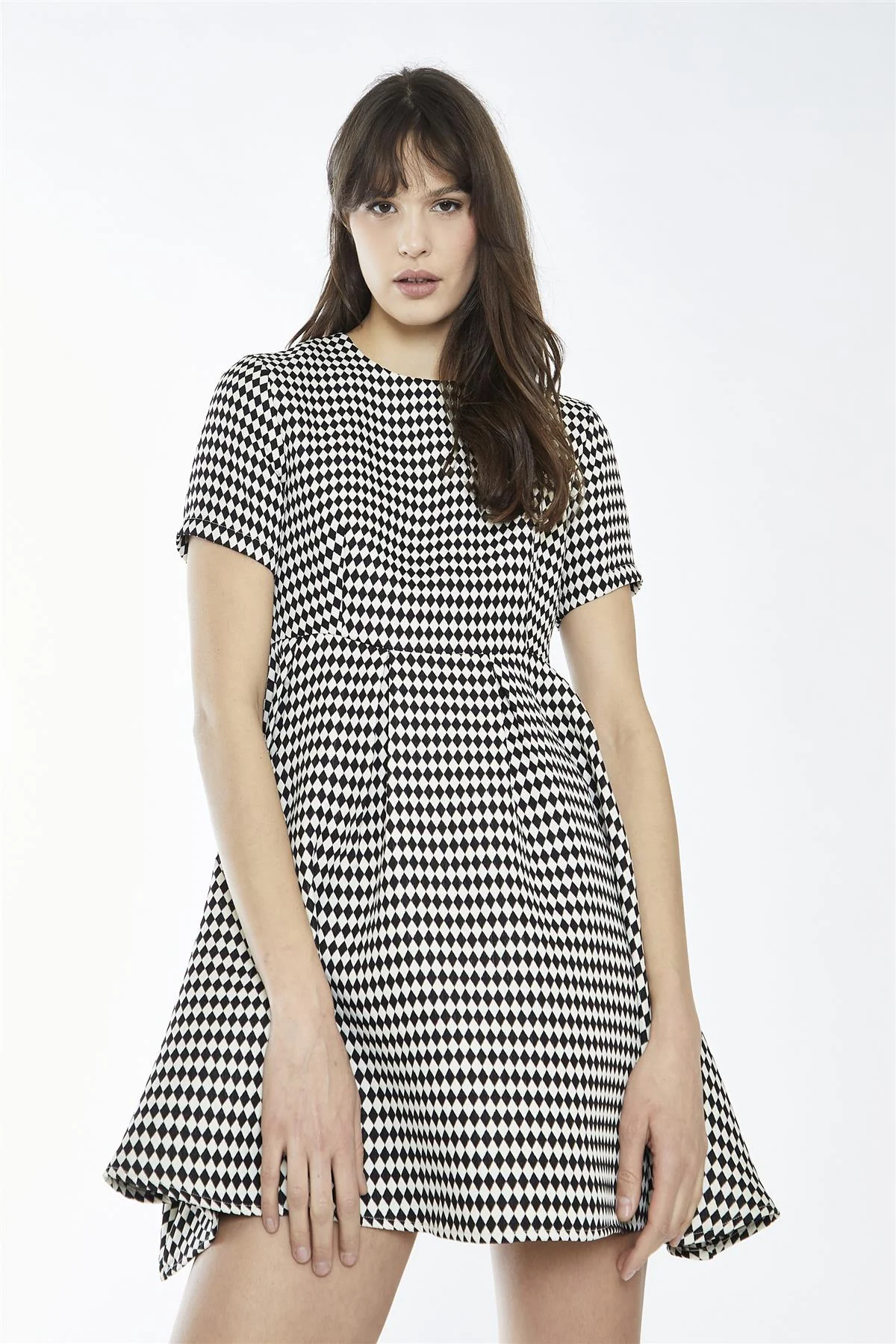 Black-White Diamond Crew-Neck Skater Mini-Dress - Image 3