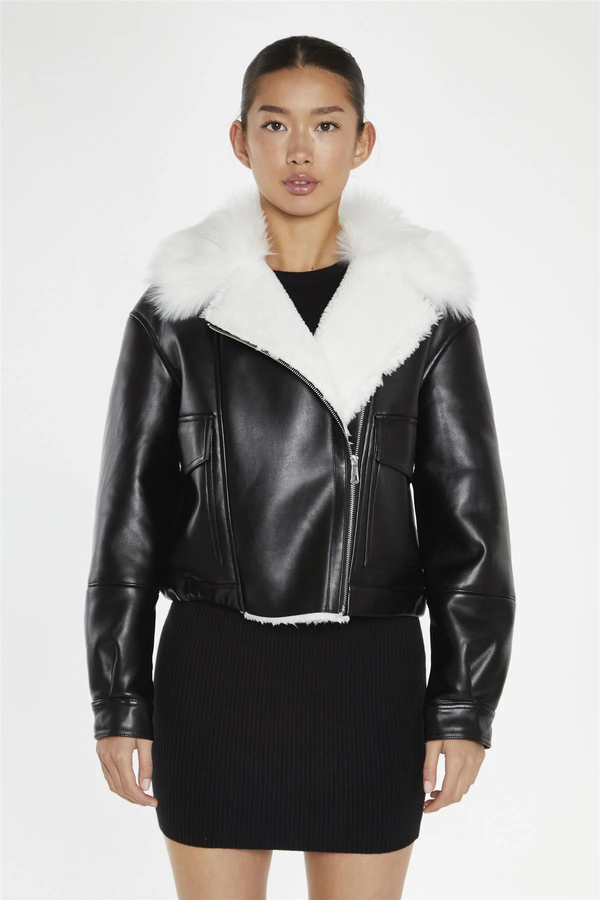 Black-White Faux-Fur PU Jacket - Image 4