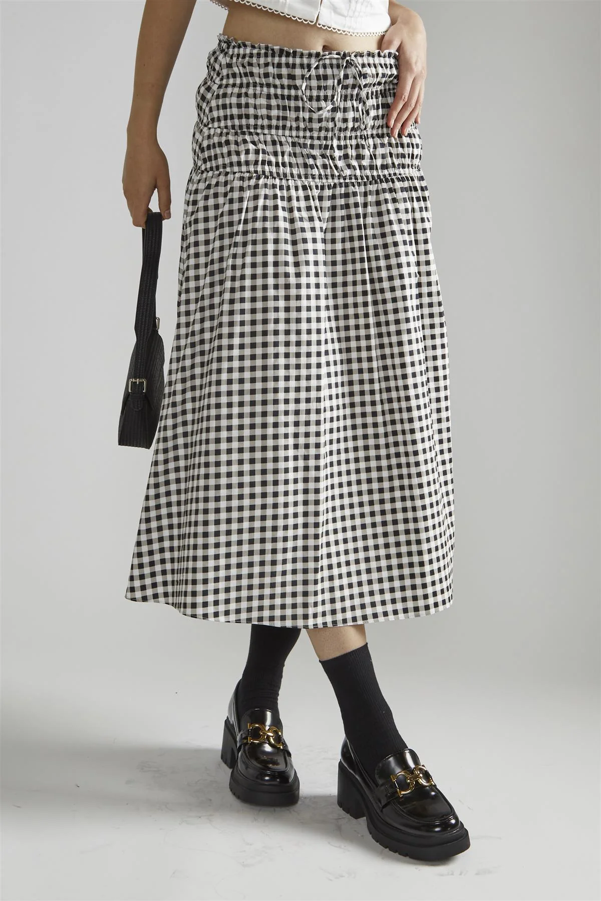 Black-White-Gingham-Print Smocked Midi-Skirt - Image 3