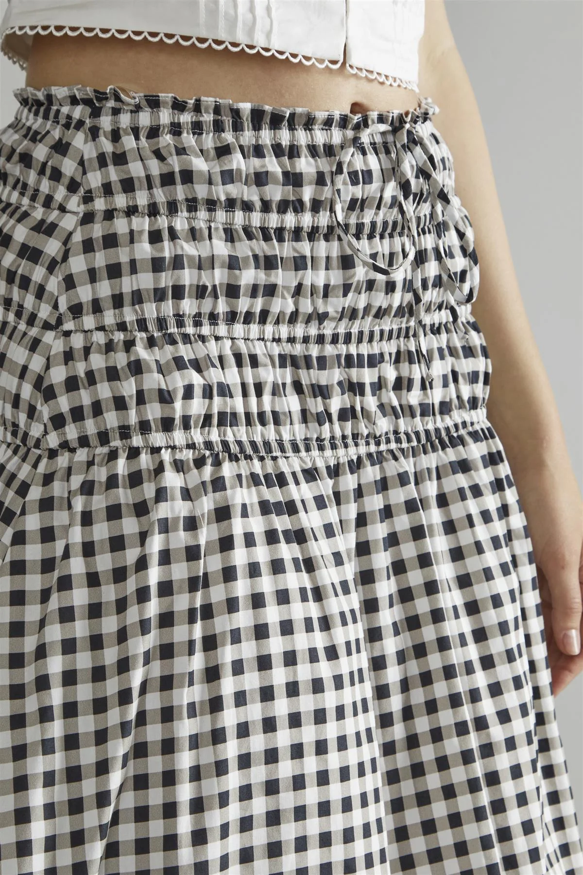 Black-White-Gingham-Print Smocked Midi-Skirt - Image 4