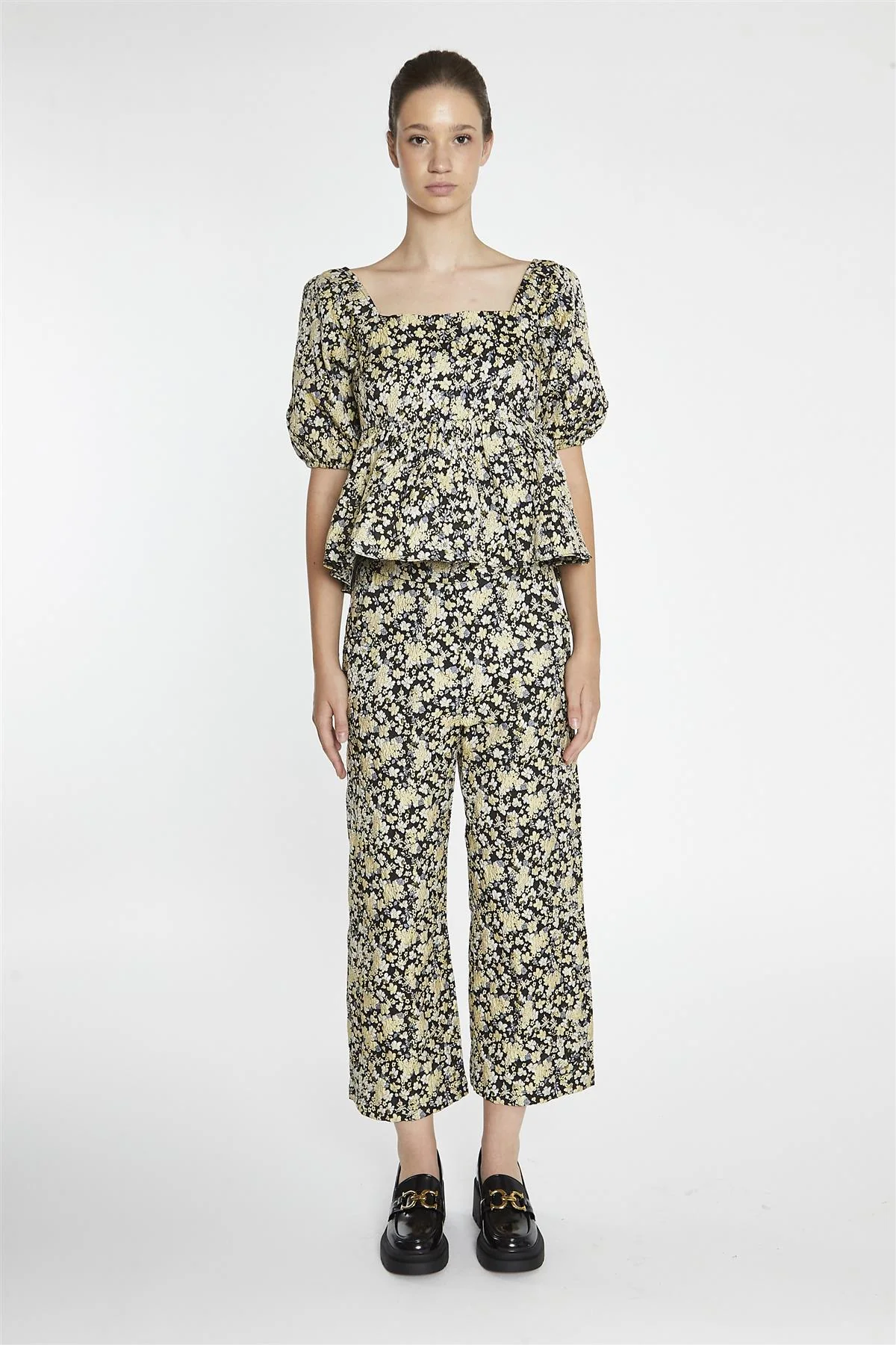 Black-Yellow Brocade Square-Neck Peplum-Top