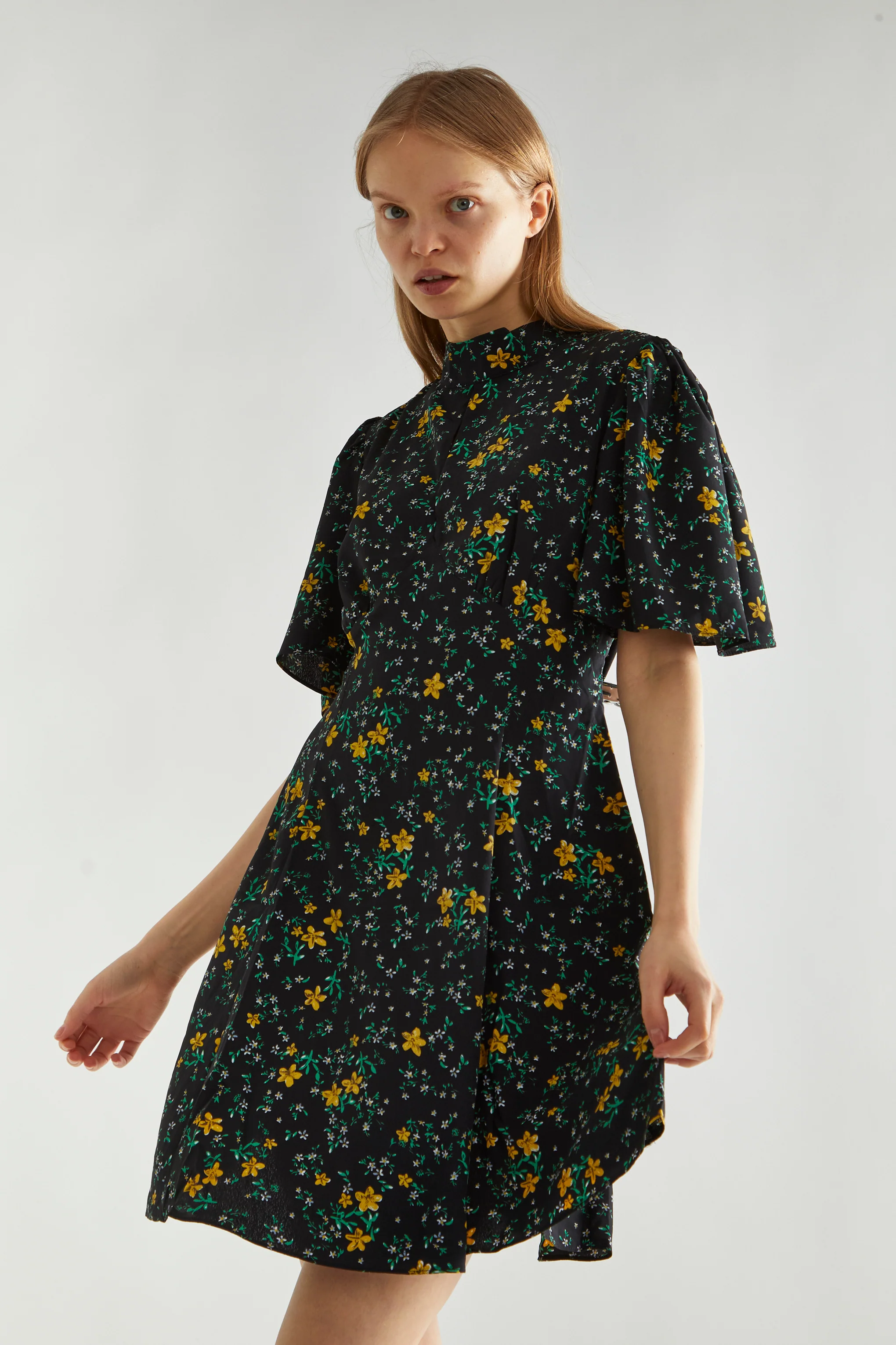 Black-Yellow Mini Floral High-Neck Mini Tea-Dress - Image 2