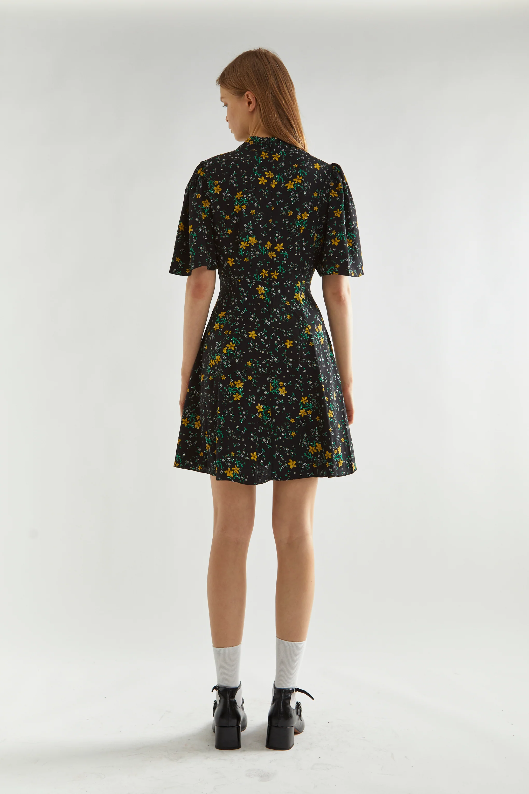 Black-Yellow Mini Floral High-Neck Mini Tea-Dress - Image 3