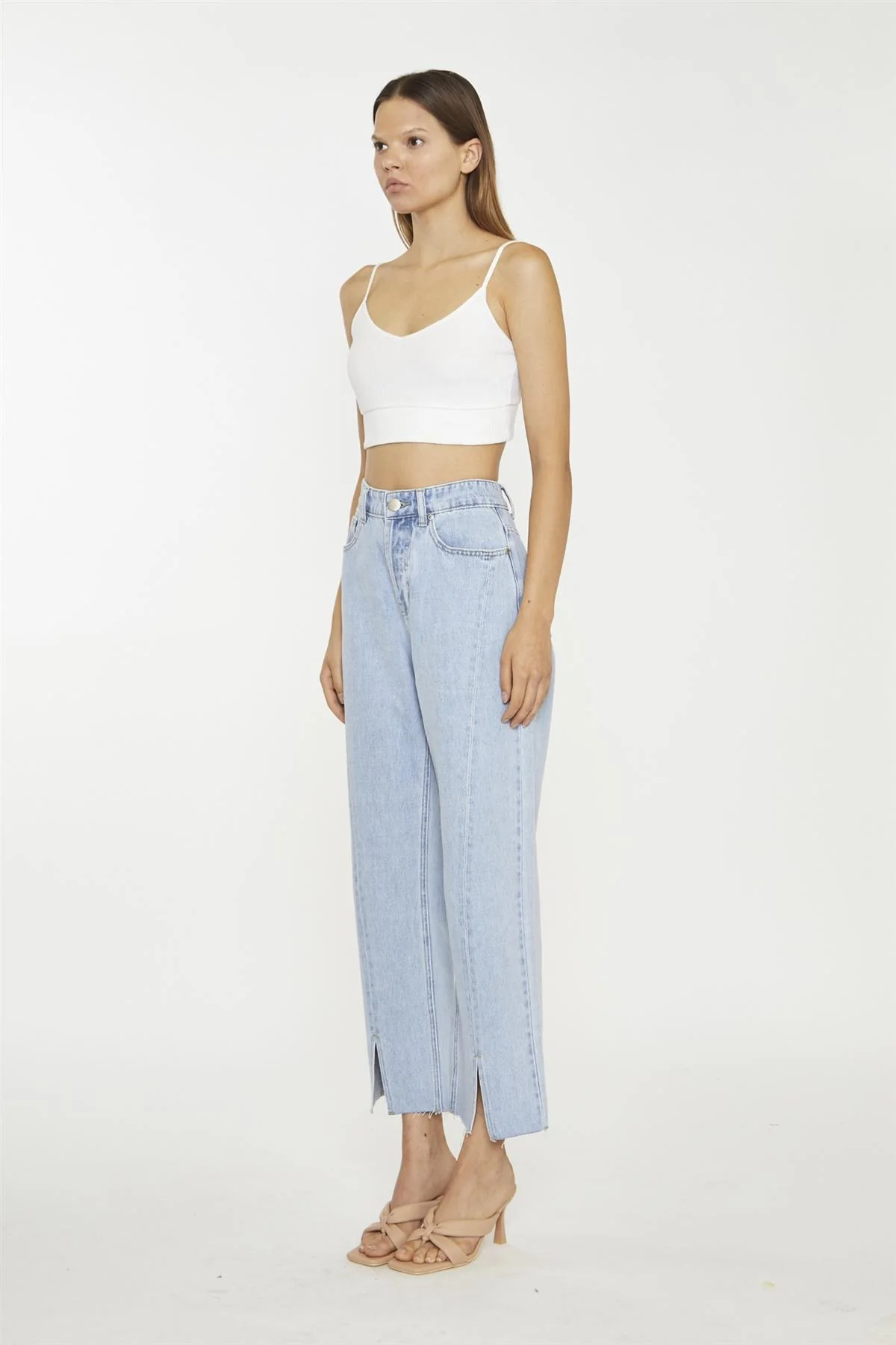 Bleach-Stonewash Front-Slit High-Waisted-Jeans - Image 3
