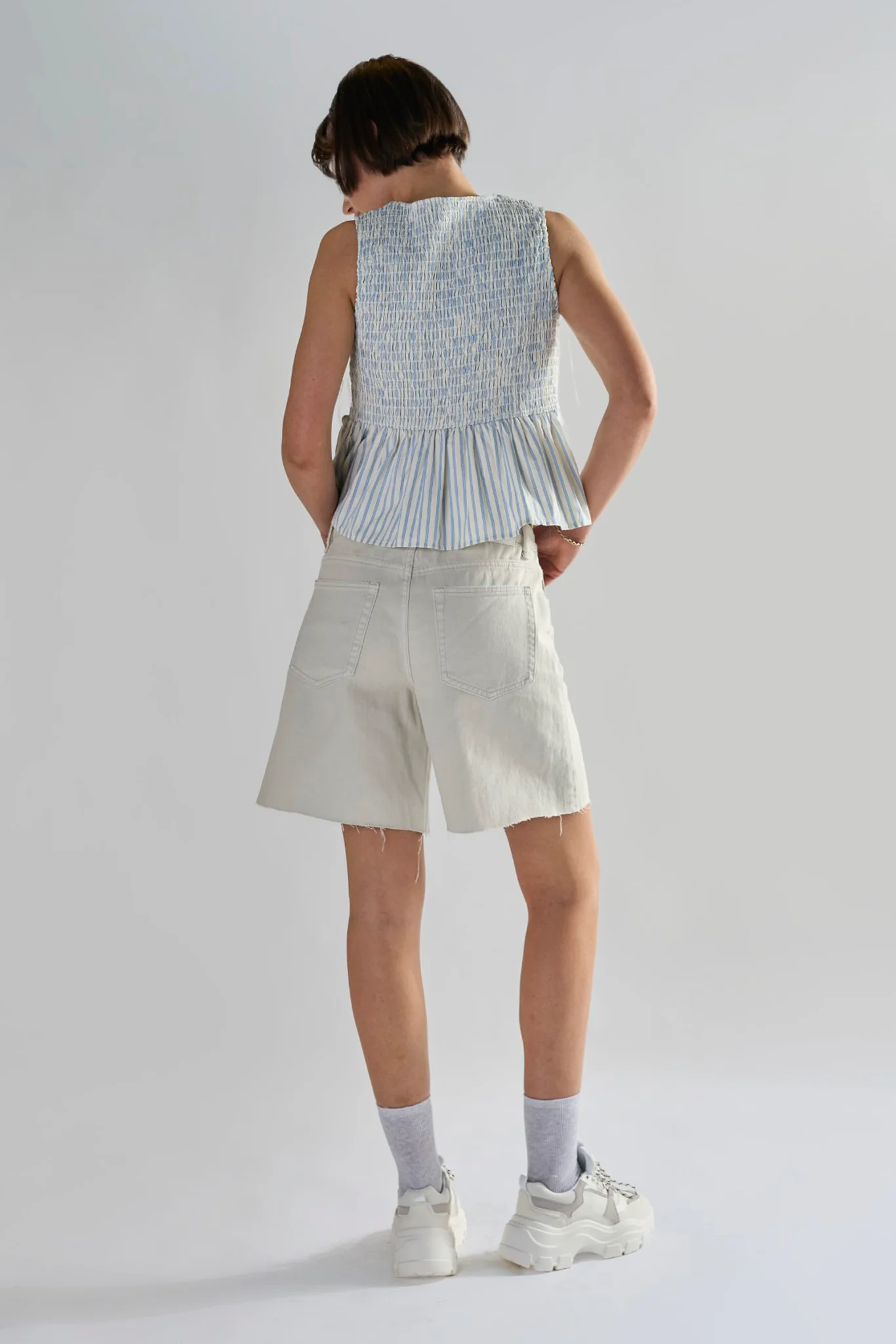 Bleach-White Denim Cut-Off Long Shorts - Image 2