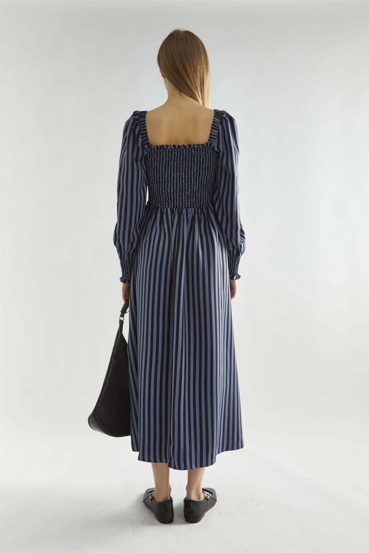 Blue-Black Stripe Shirred Midi-Dress - Image 2