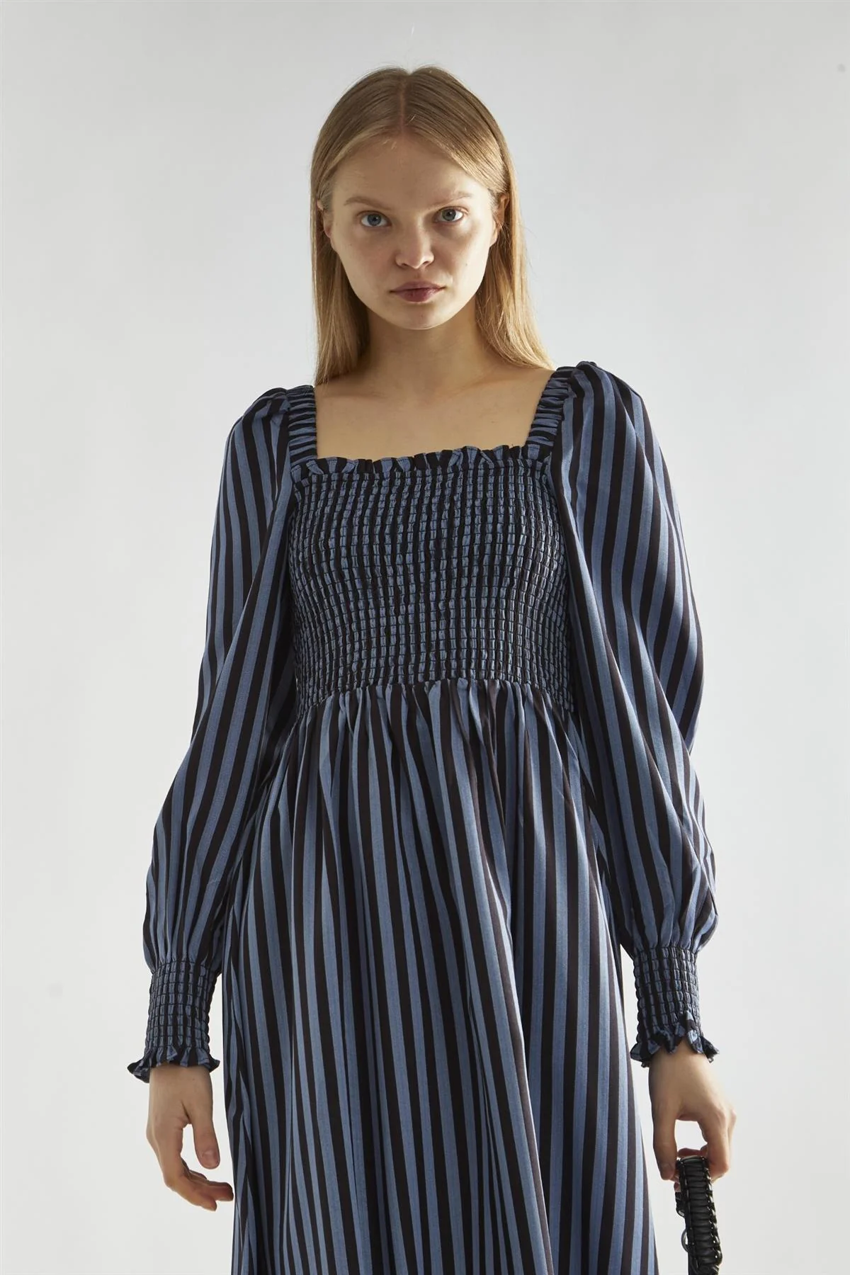 Blue-Black Stripe Shirred Midi-Dress - Image 3