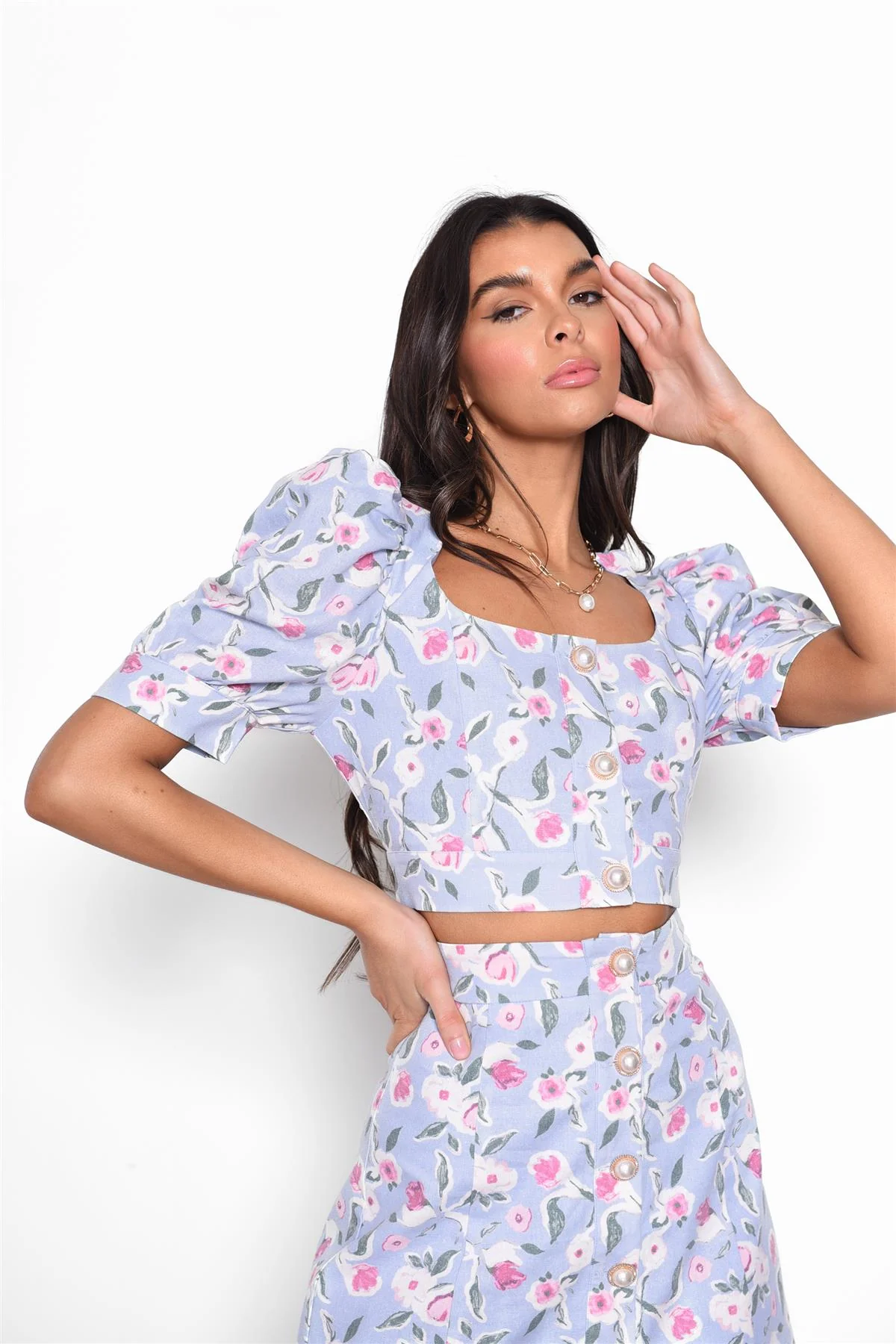Blue-Bloom Short-Sleeve-Button-Up Crop-Top - Image 3