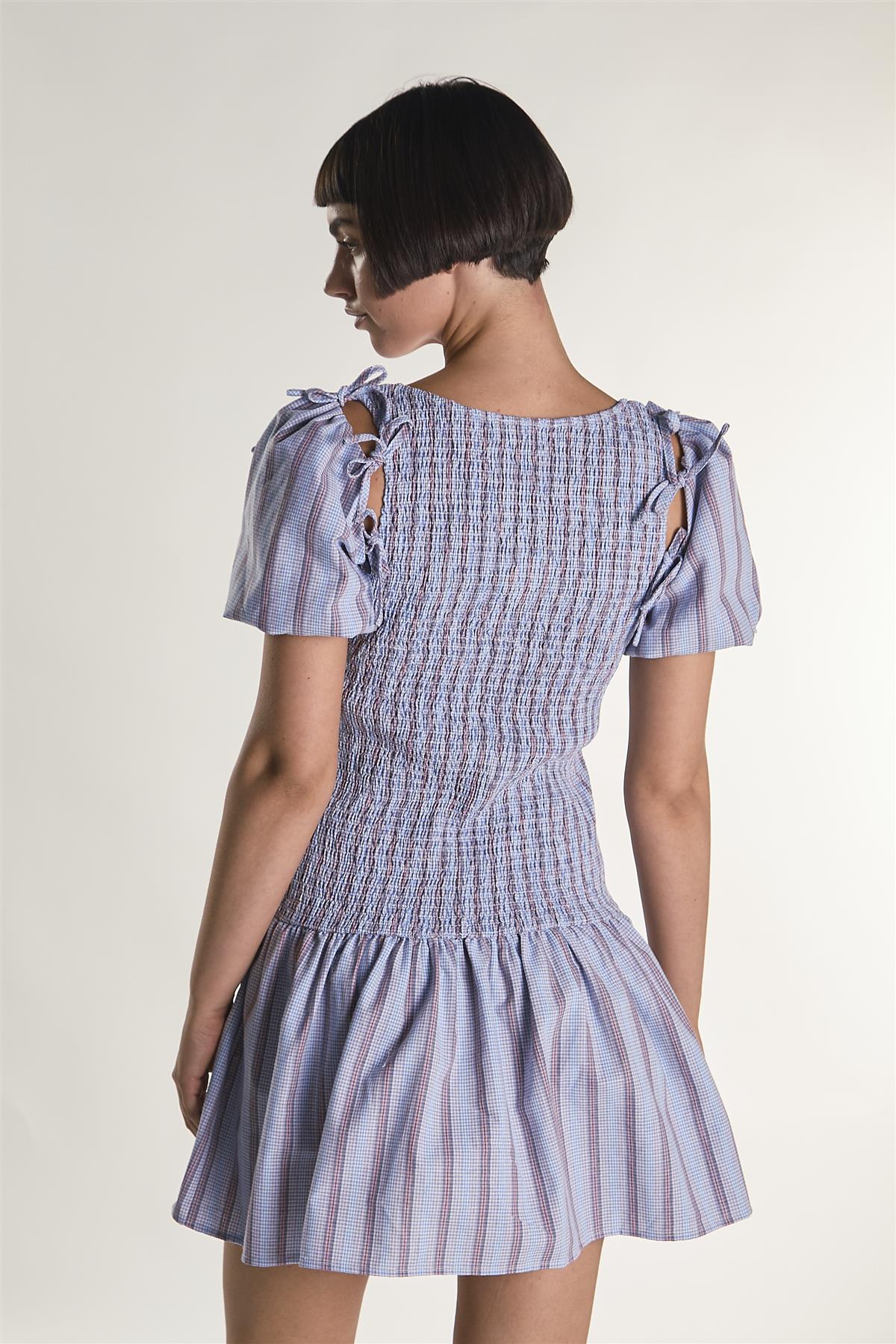 Blue Check Stripe Mini Dress with Bow Sleeves - Image 2