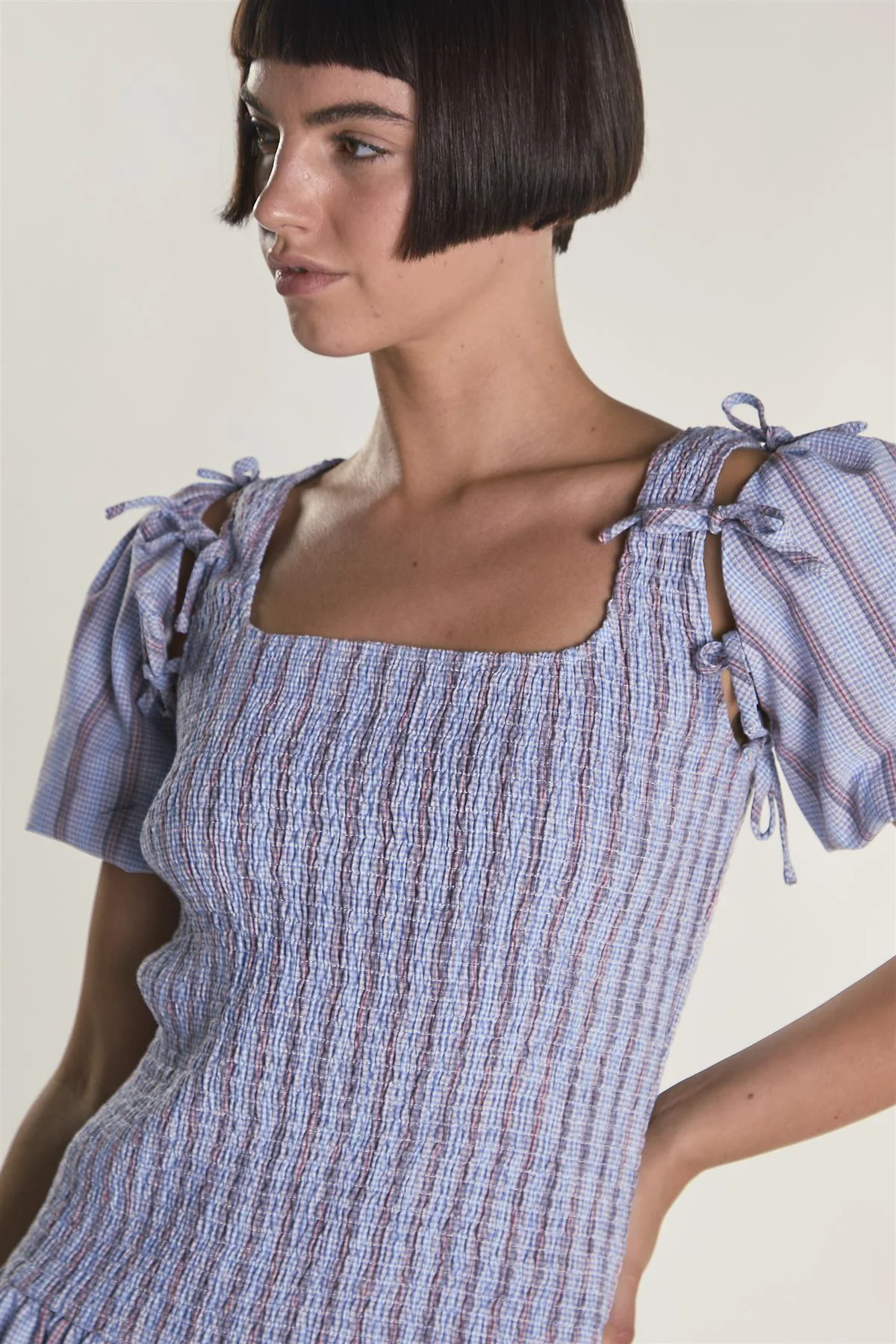 Blue Check Stripe Mini Dress with Bow Sleeves - Image 3