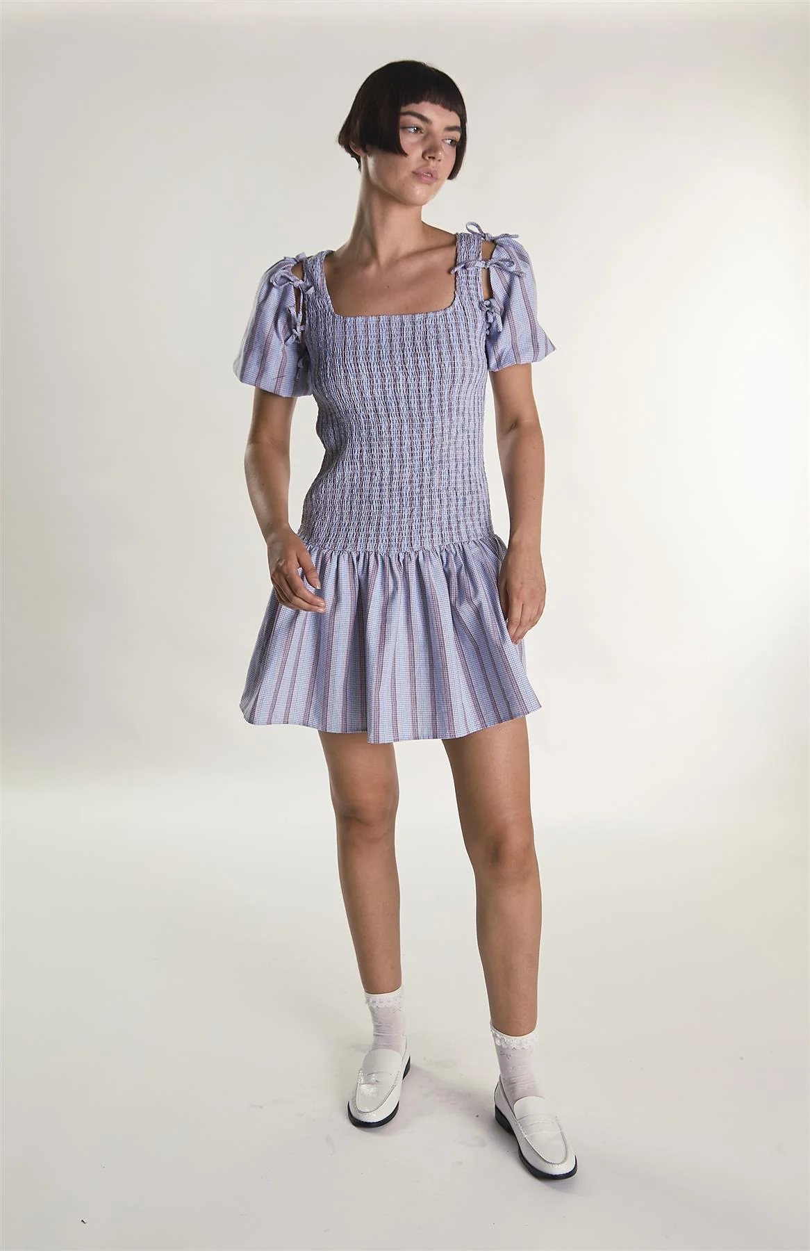 Blue Check Stripe Mini Dress with Bow Sleeves - Image 4