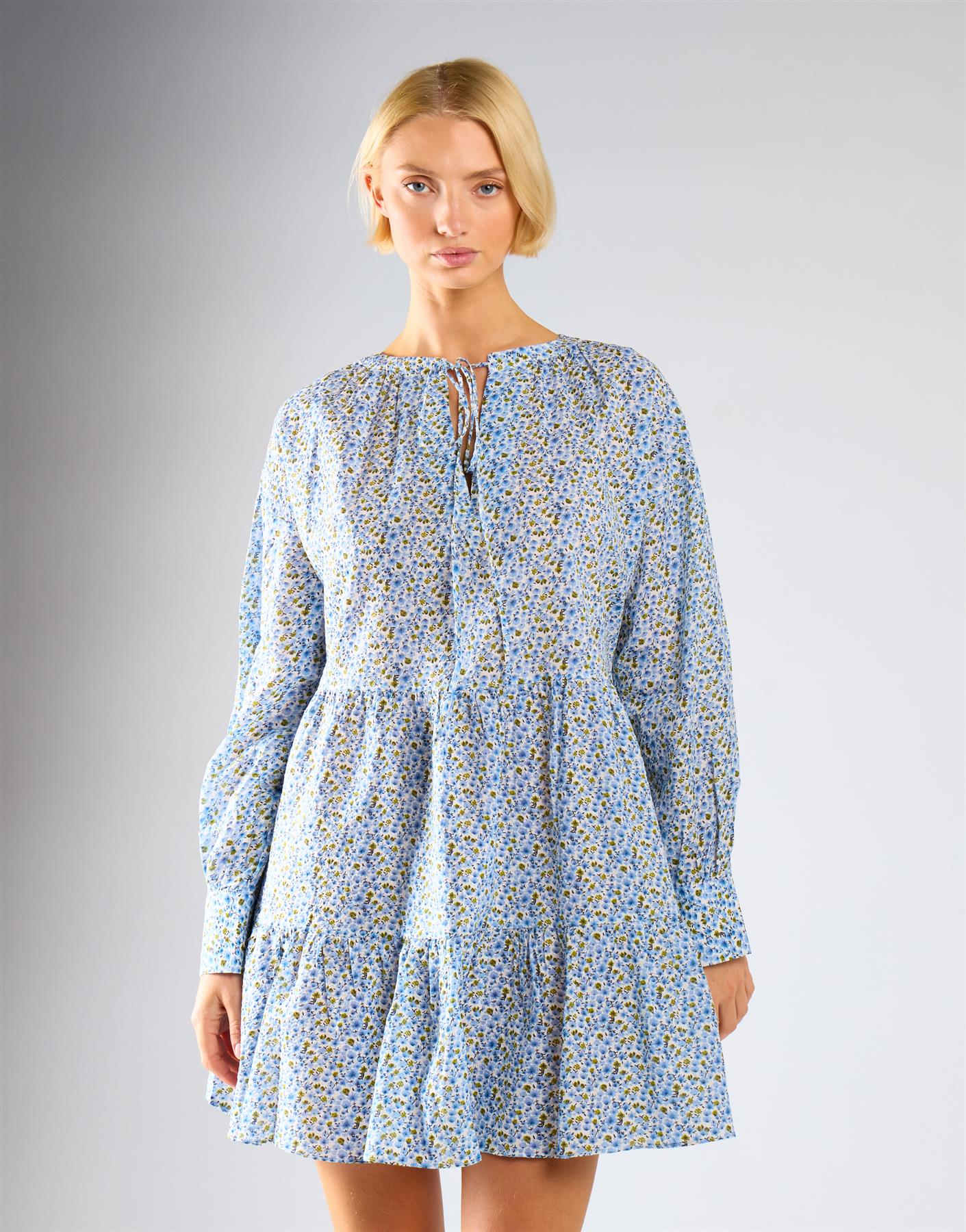 Blue Ditsy Floral Long Sleeve Frill Tiered Dress - Image 3