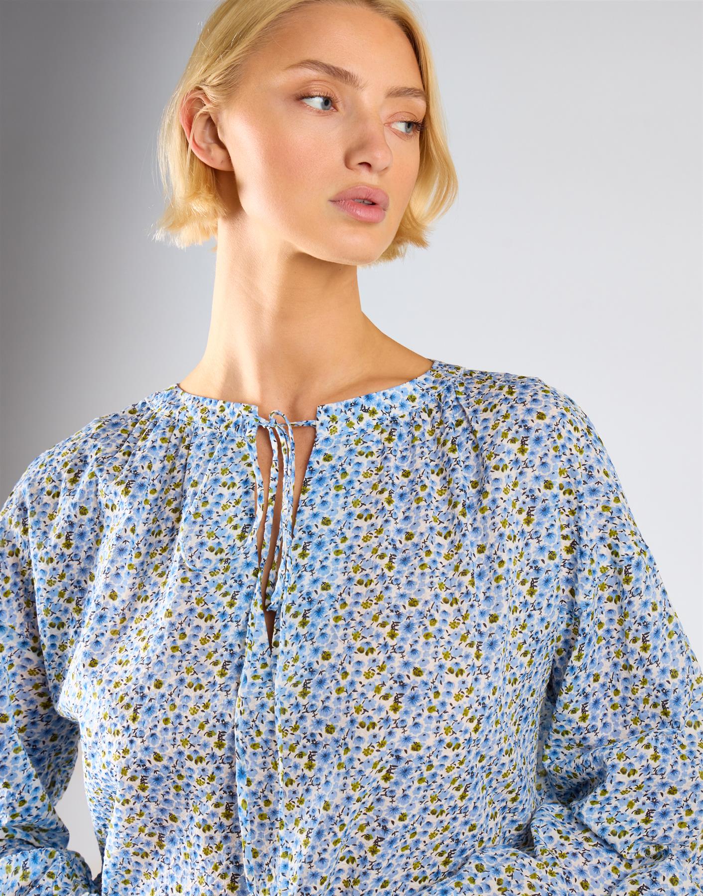 Blue Ditsy Floral Long Sleeve Frill Tiered Dress - Image 4