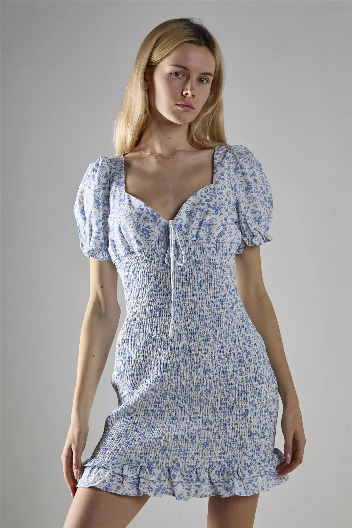 Blue Ditsy Shirred Bodycon Mini-Dress - Image 3