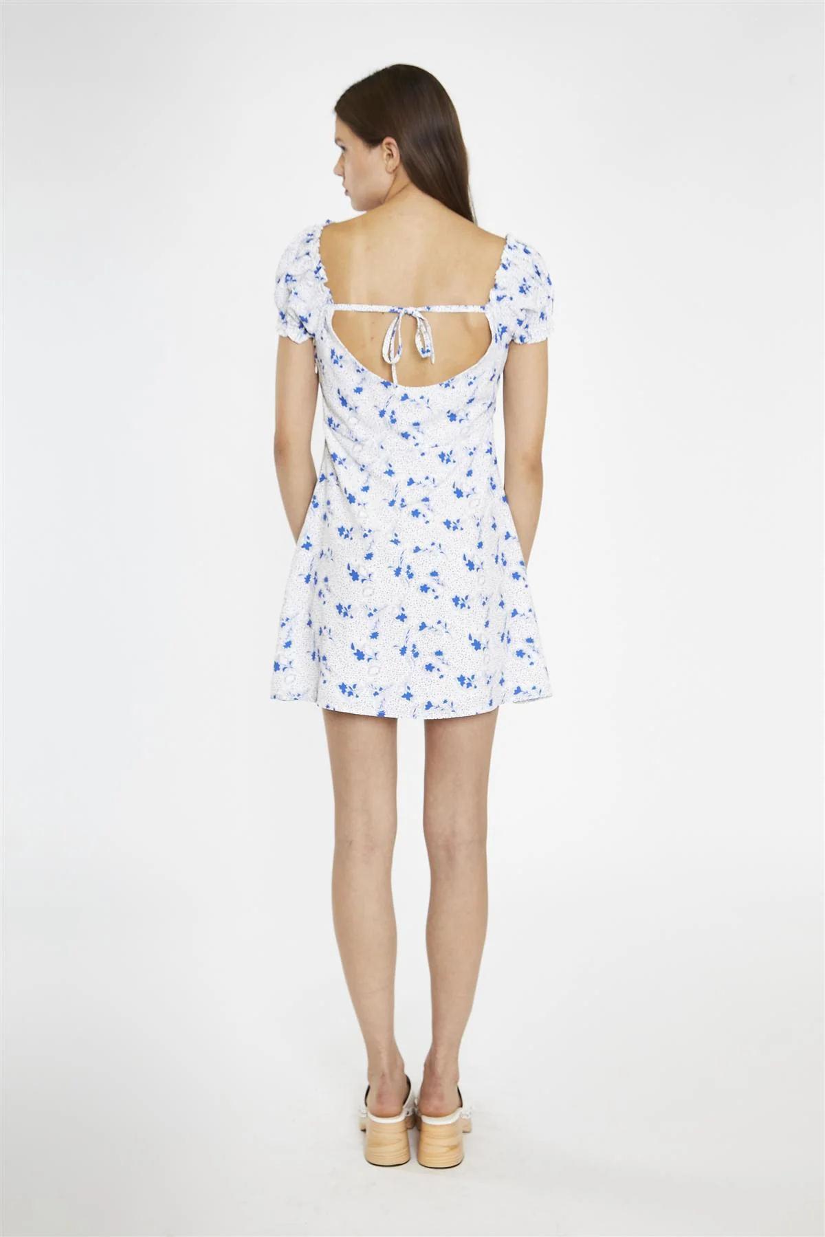 Blue-Dot Vintage-Floral Gathered Neckline Mini-Dress - Image 2