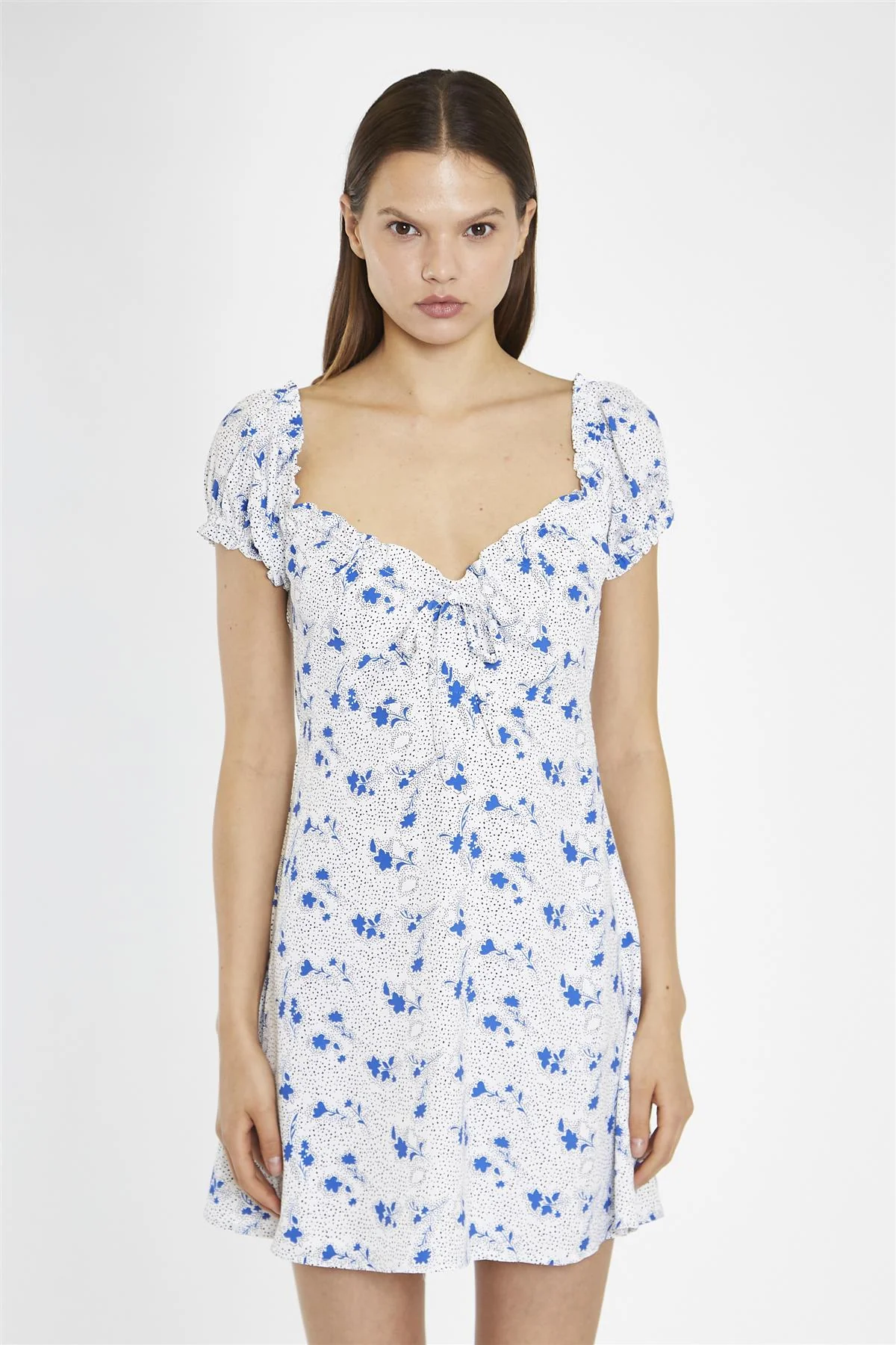 Blue-Dot Vintage-Floral Gathered Neckline Mini-Dress - Image 3