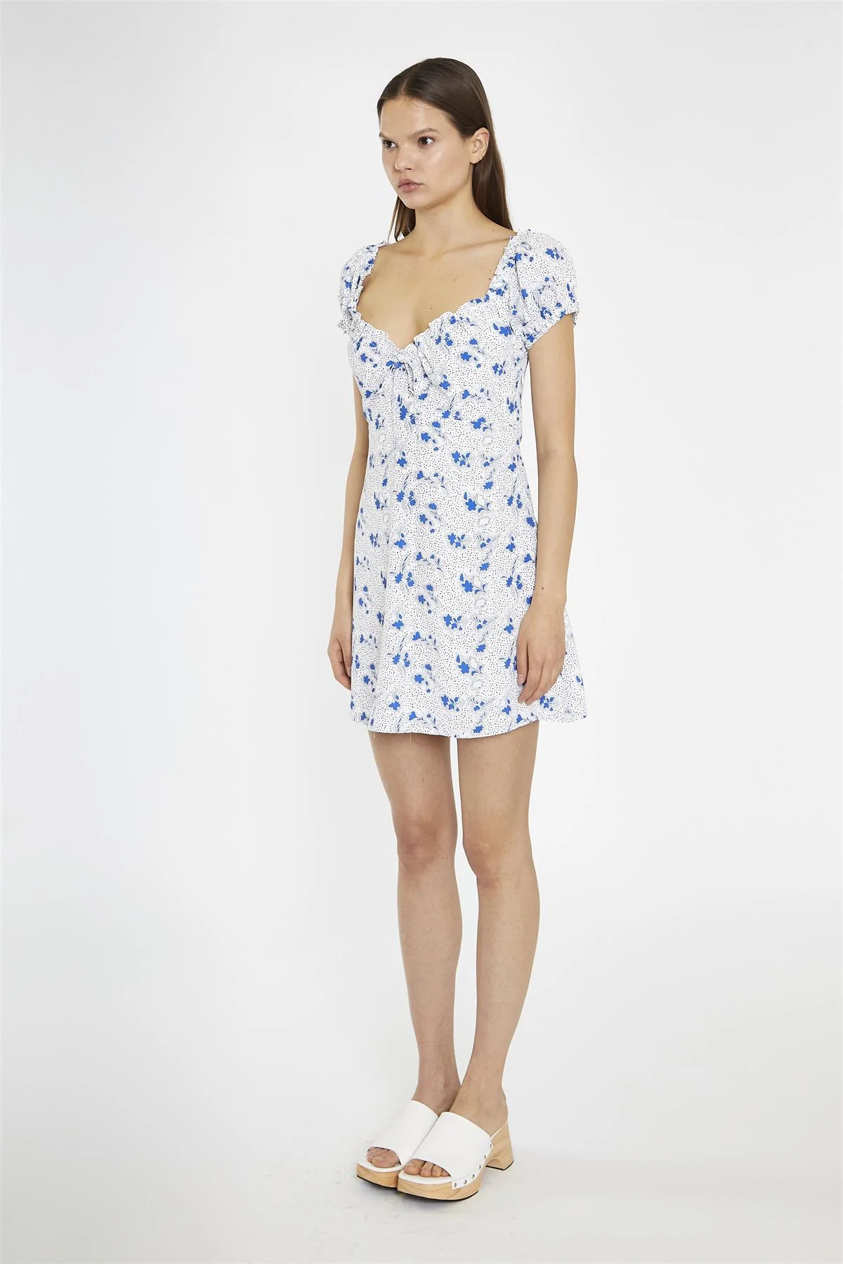 Blue-Dot Vintage-Floral Gathered Neckline Mini-Dress - Image 4