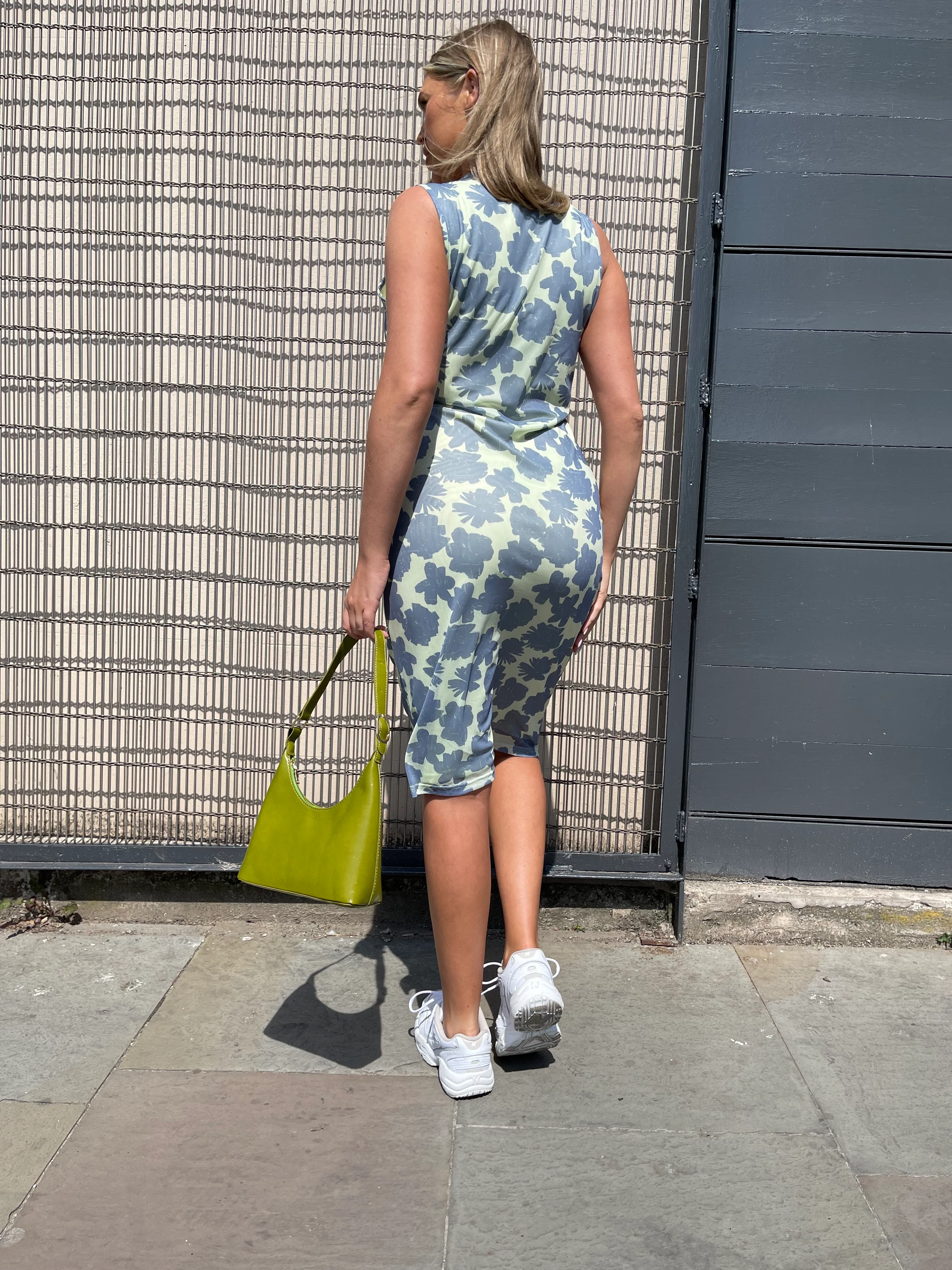 Blue-Green Floral Mesh Bodycon Cut-Out Midi-Dress - Image 5