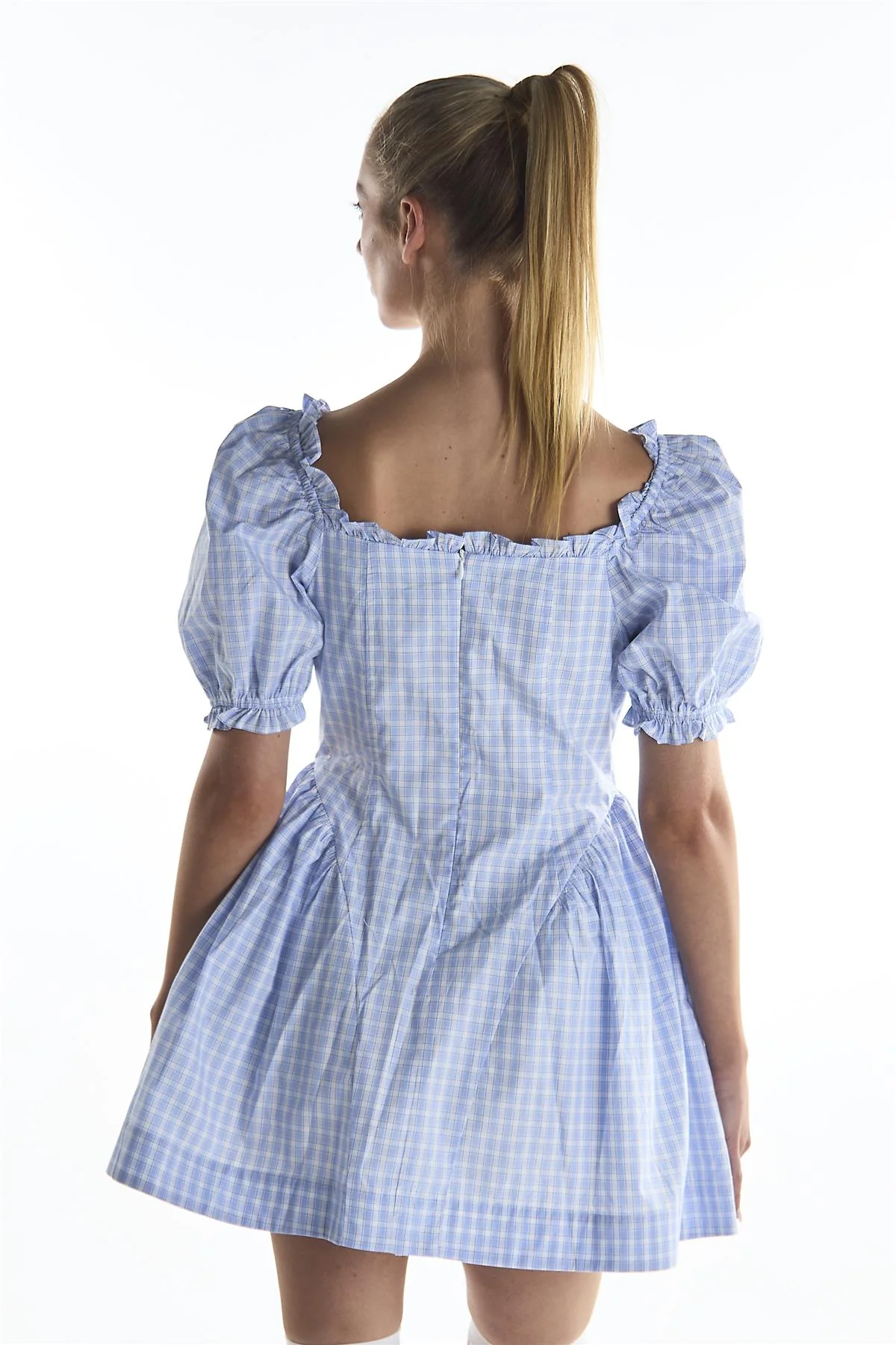 Blue Grid Check Puff Sleeve Mini Dress - Image 2