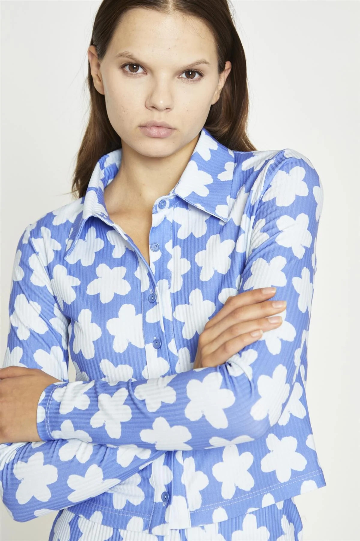 Blue-Large Flower Long-Sleeve Skinny-Fit-Shirt - Image 3