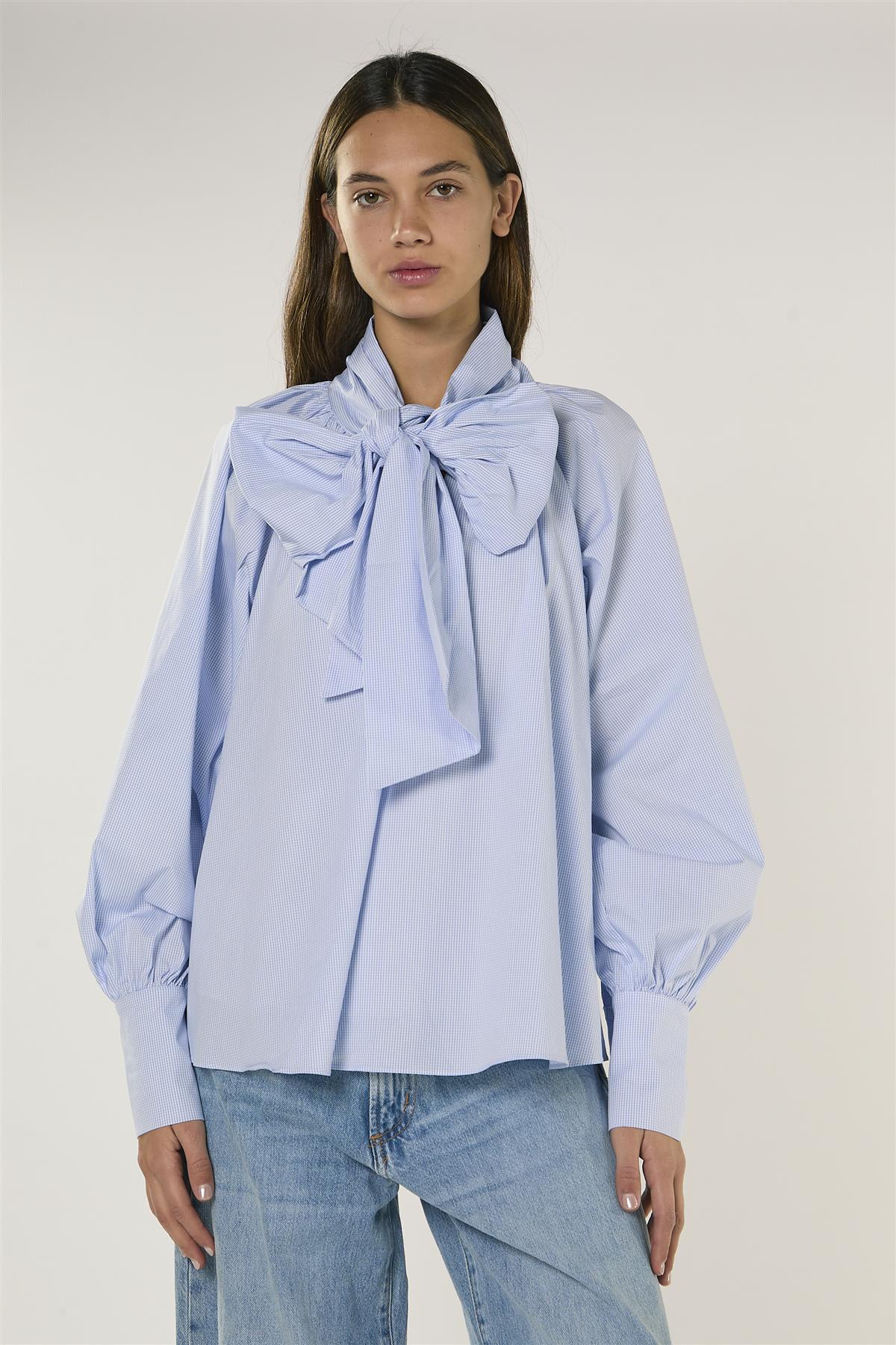 Blue Micro Check Raglan Volume Sleeve Blouse