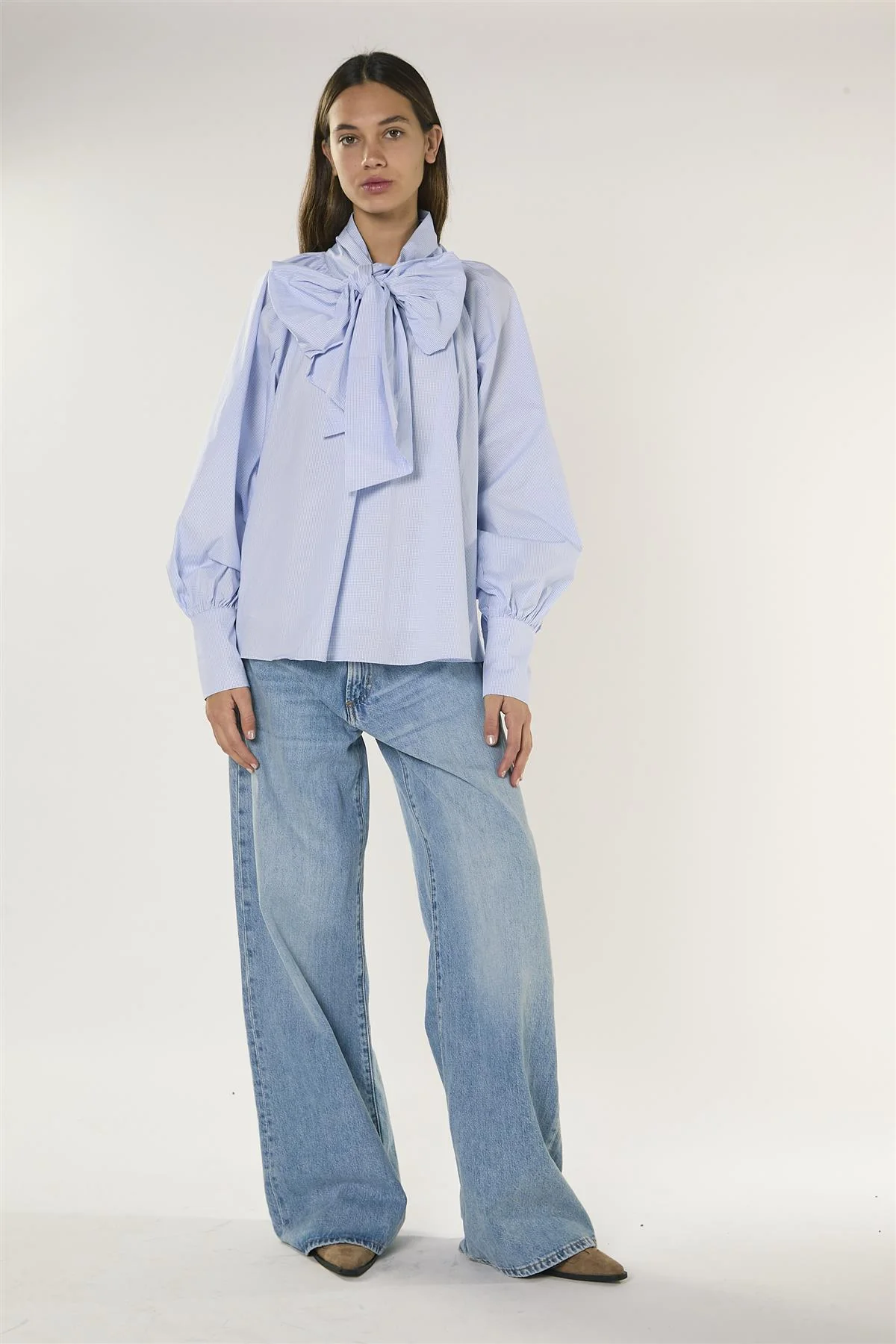 Blue Micro Check Raglan Volume Sleeve Blouse - Image 2