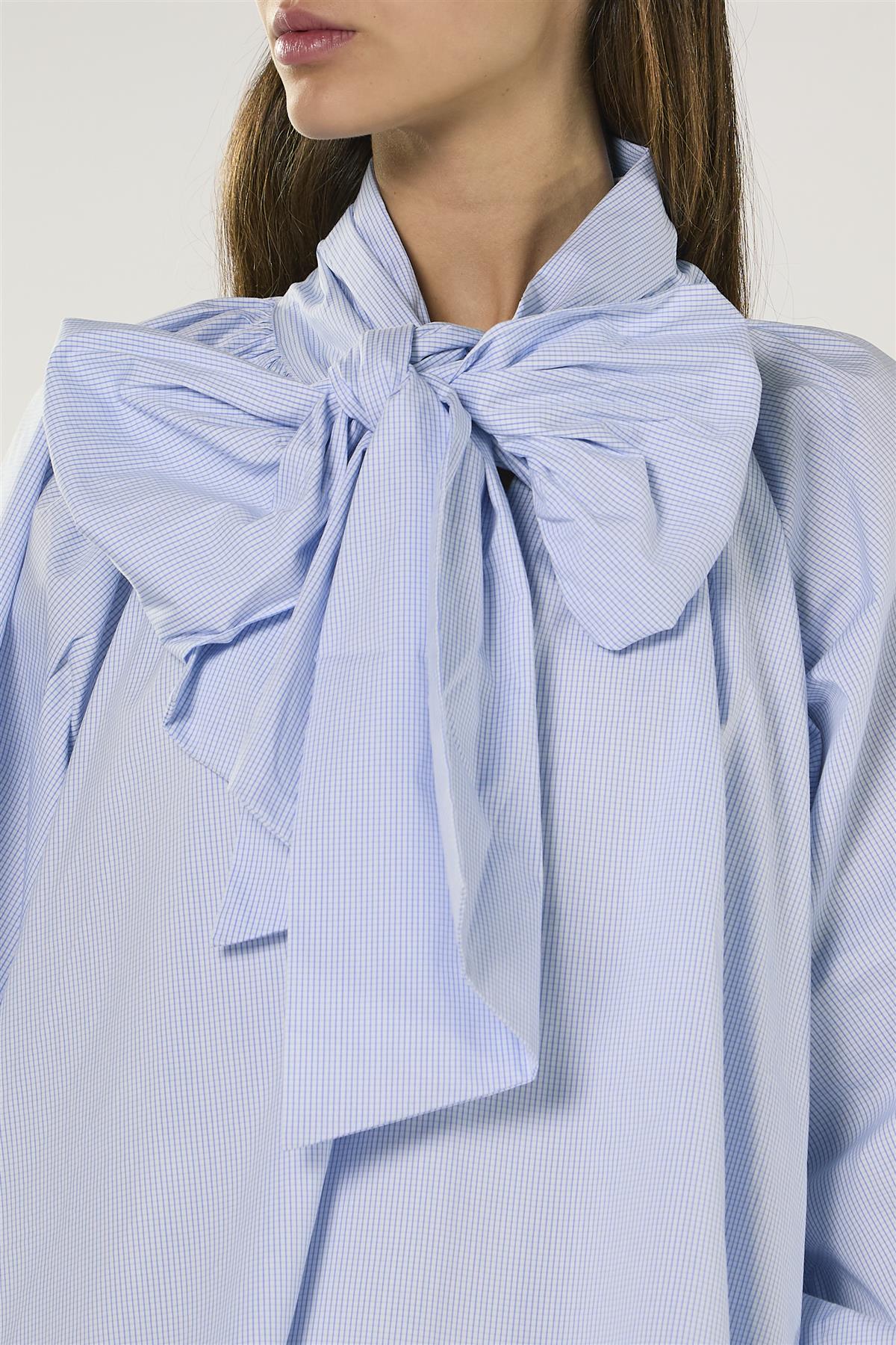 Blue Micro Check Raglan Volume Sleeve Blouse - Image 3